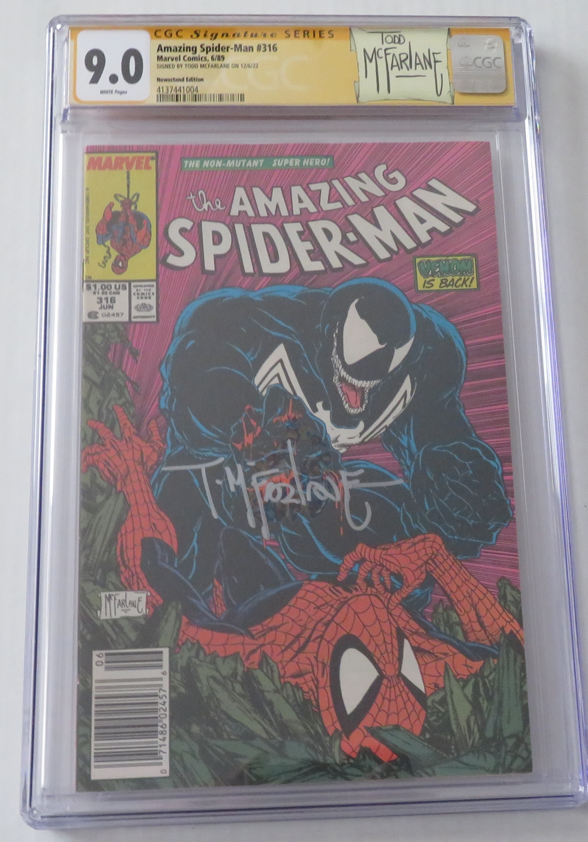 Amazing Spiderman 316 CGC 9.0 Signed by Todd McFarlane. Newsstand