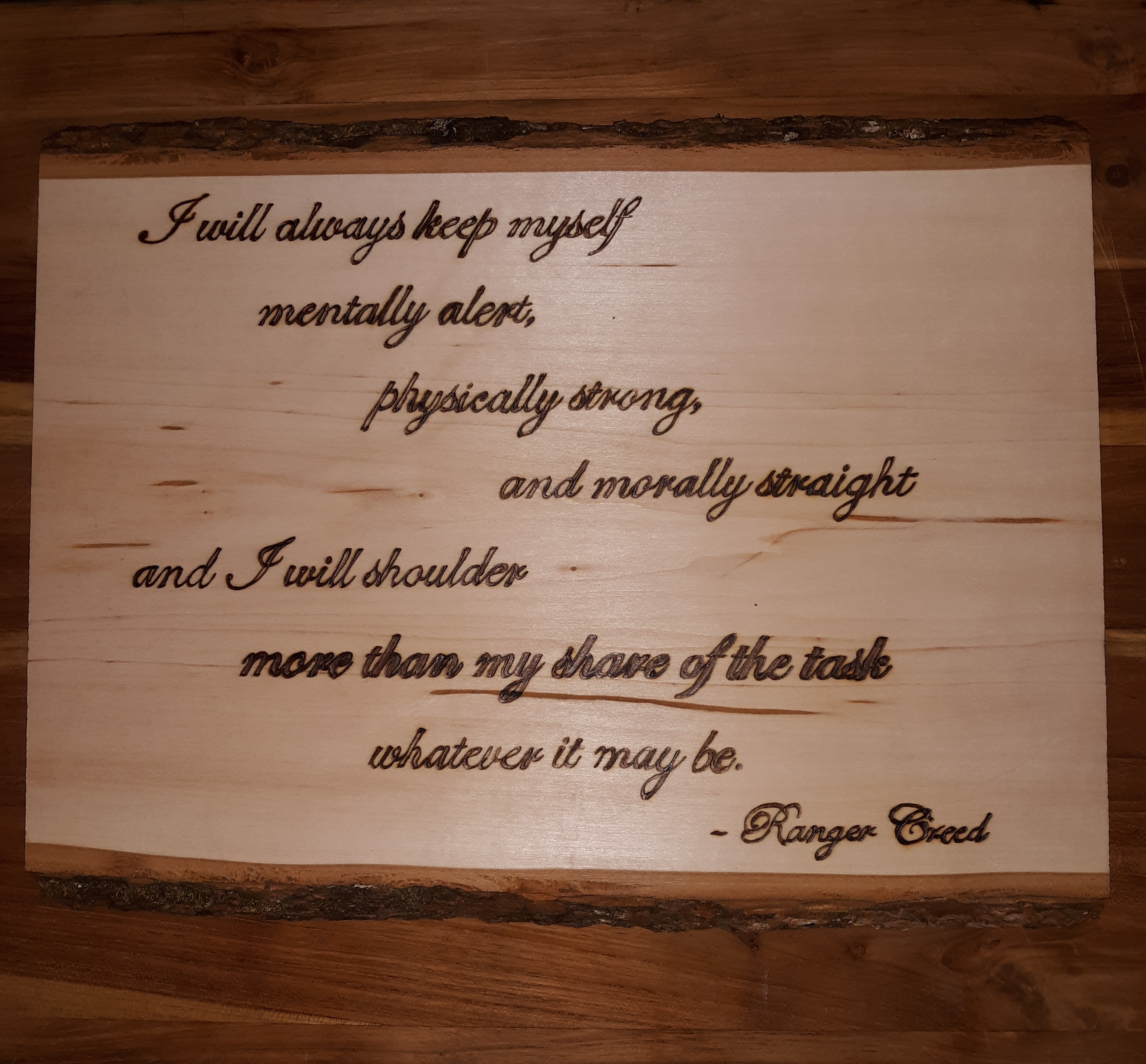 Ranger Creed woodburned plaque