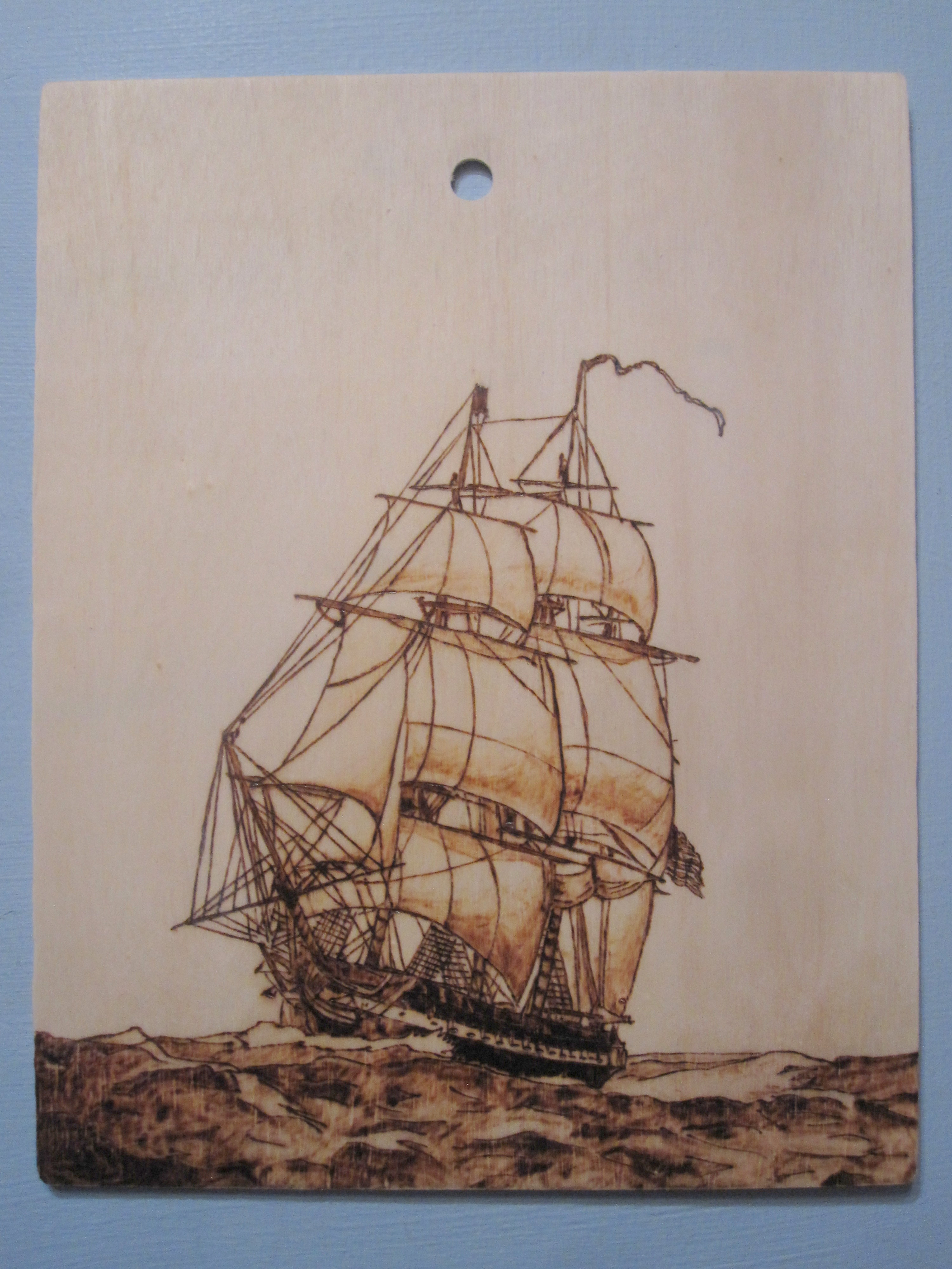 Old Ironsides woodburned wallhanging