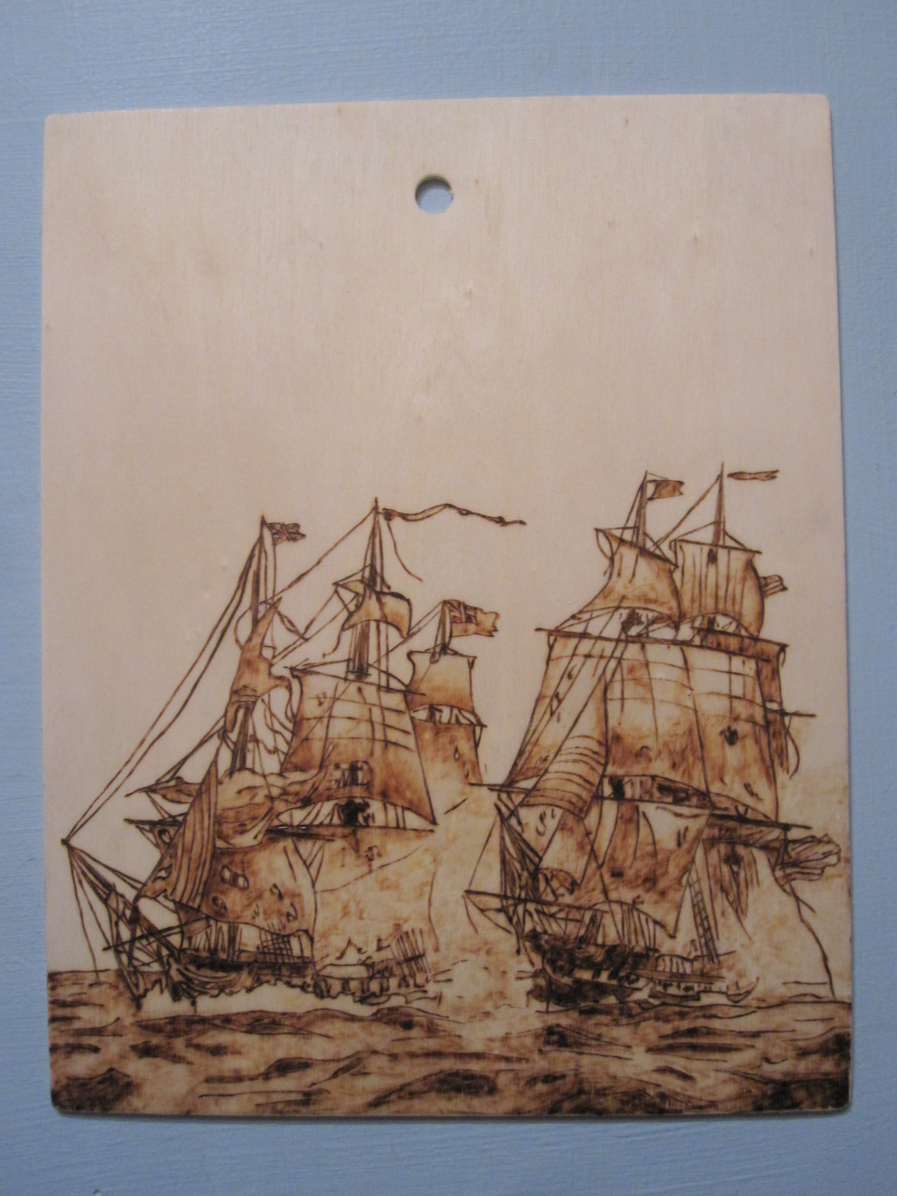 Naval Battle woodburned wallhanging