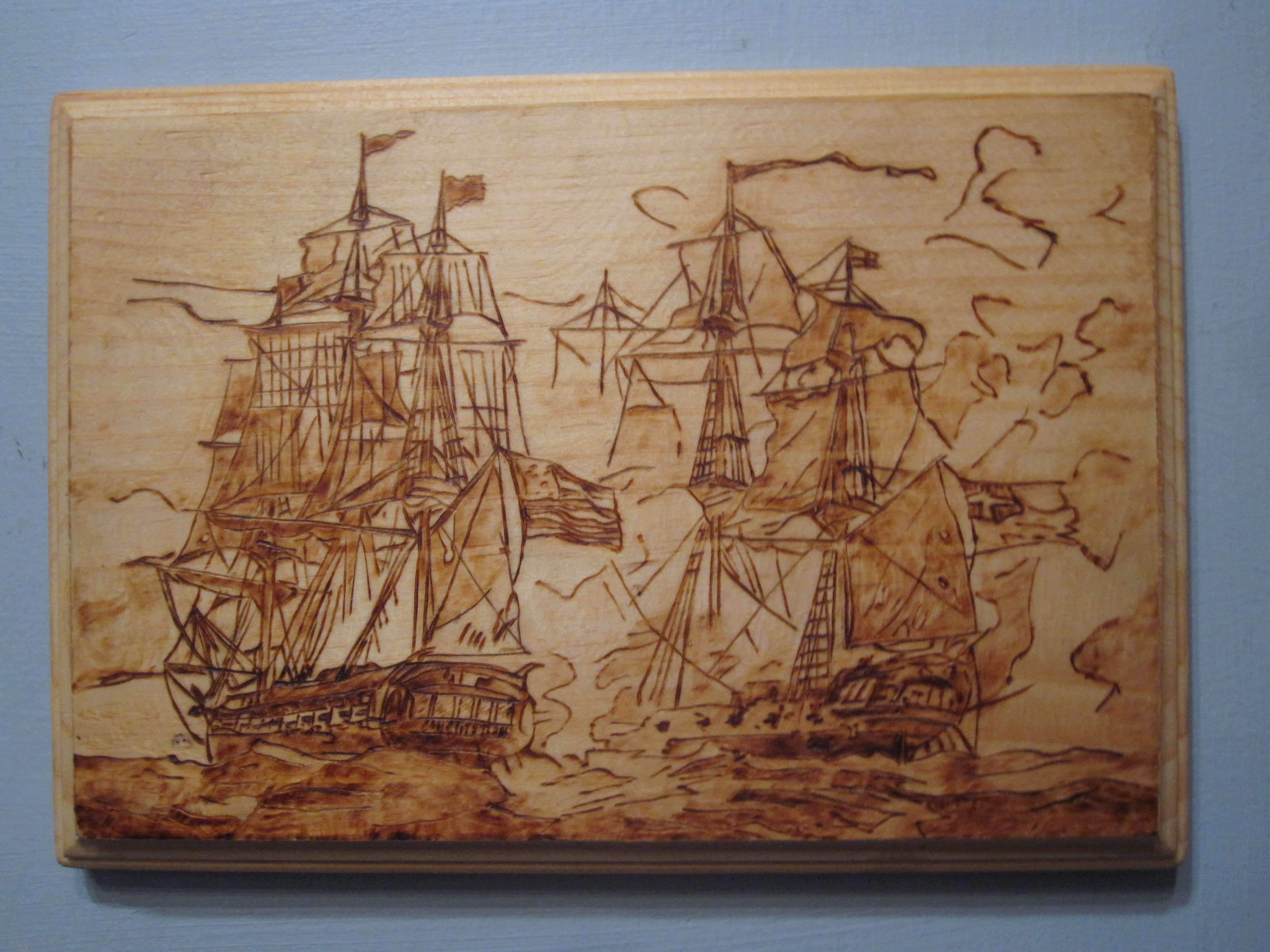 Naval Battle woodburned plaque