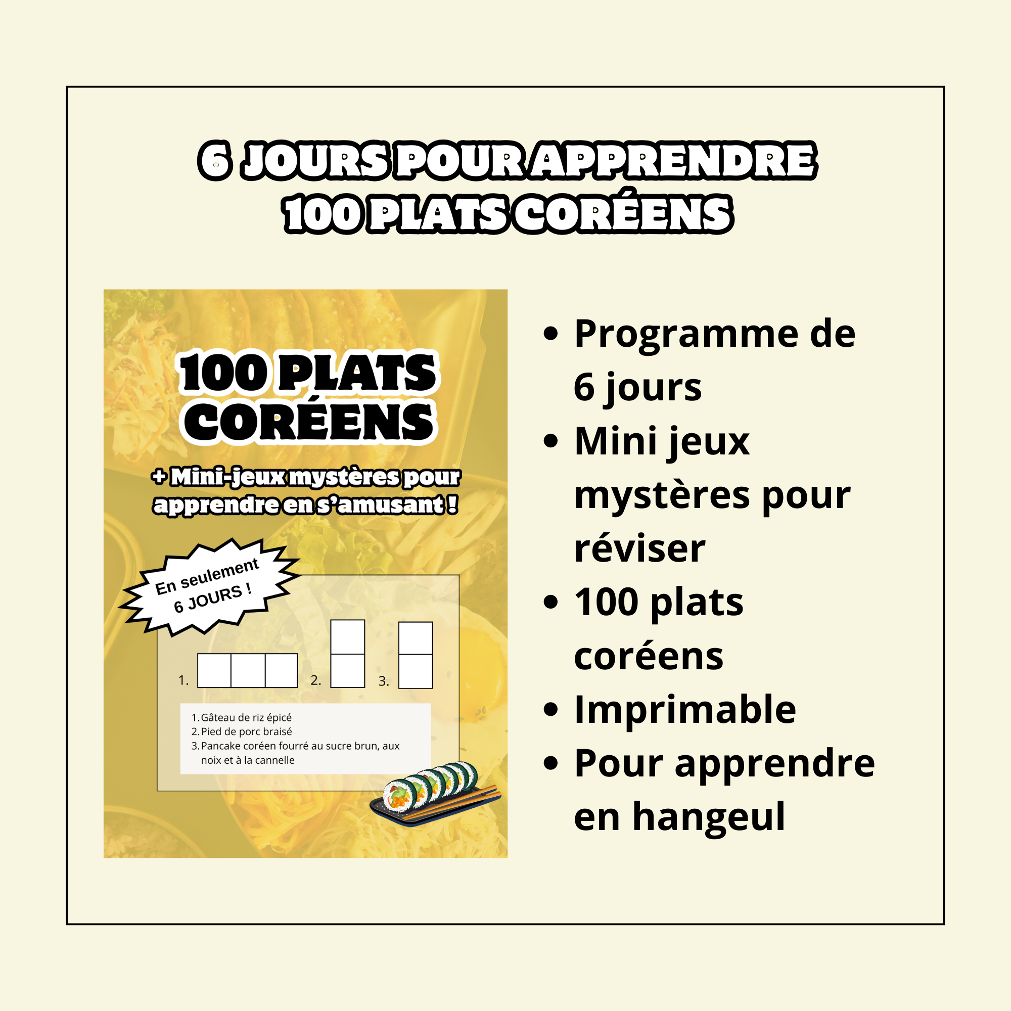 Apprends 100 plats coréens en hangeul en 6 jours avec des jeux mystères !
