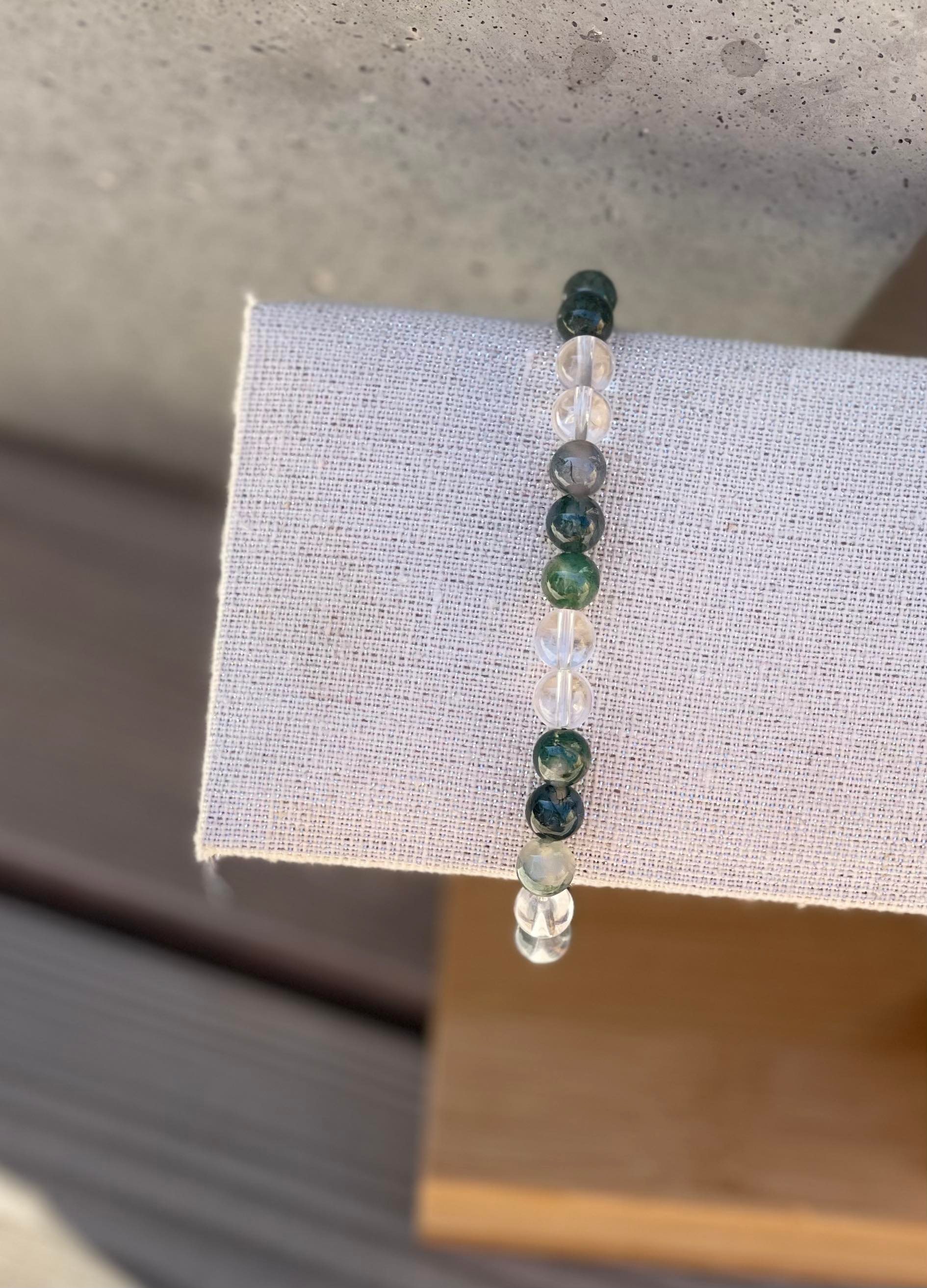 Bracelet énergétique en pierres naturelles Agate mousse et Cristal de roche