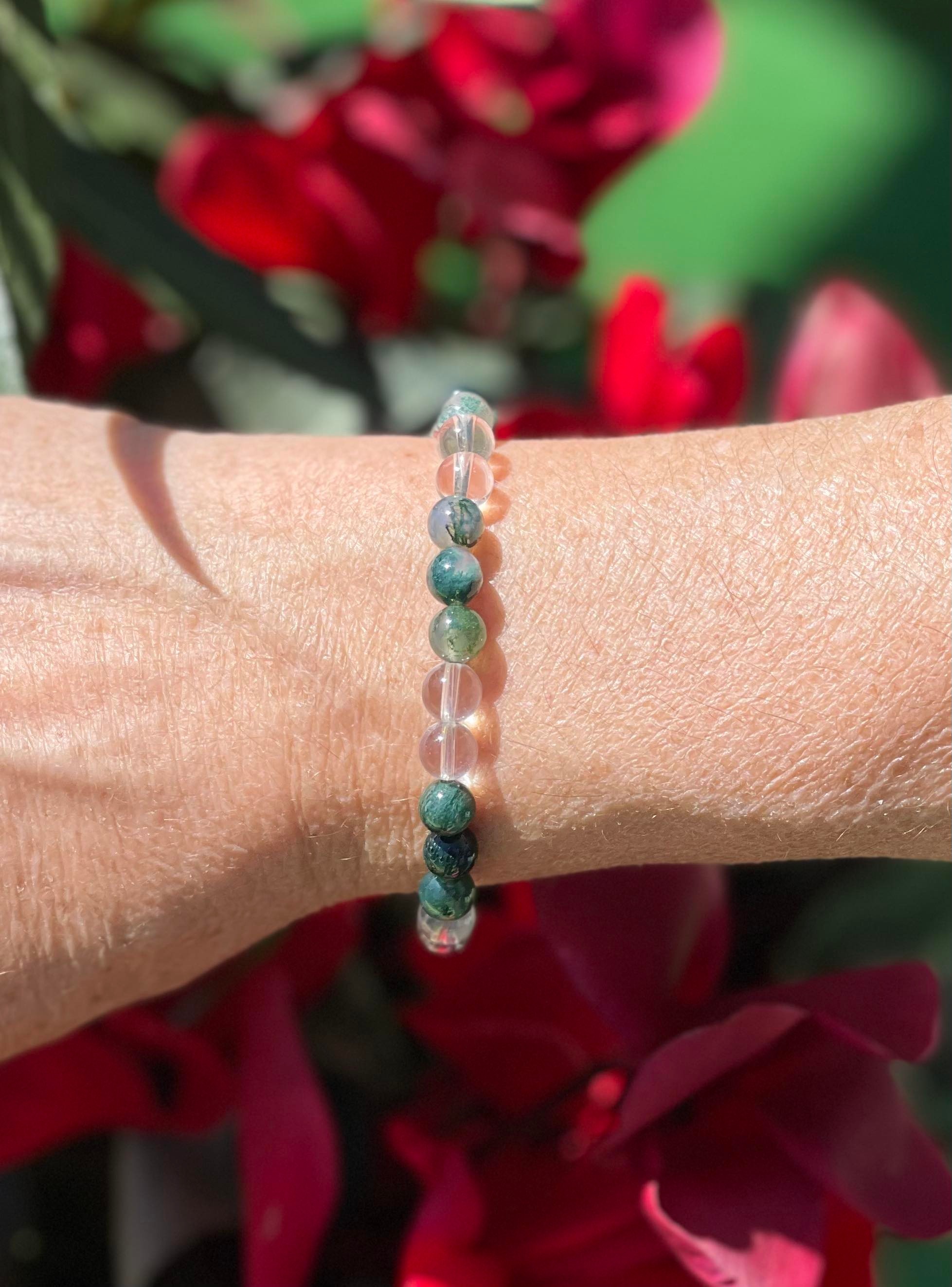 Bracelet énergétique en pierres naturelles Agate mousse et Cristal de roche