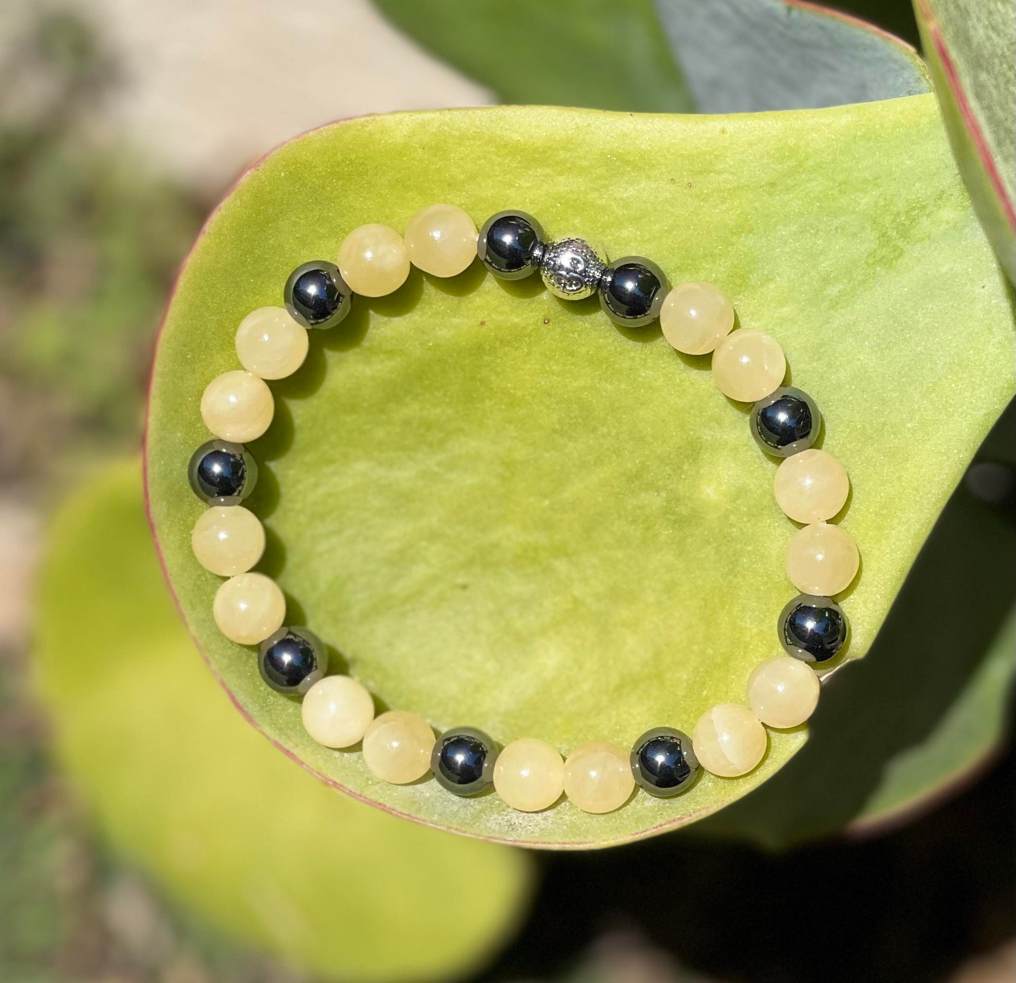 Bracelet énergétique en pierres naturelles Jade jaune et Hématite