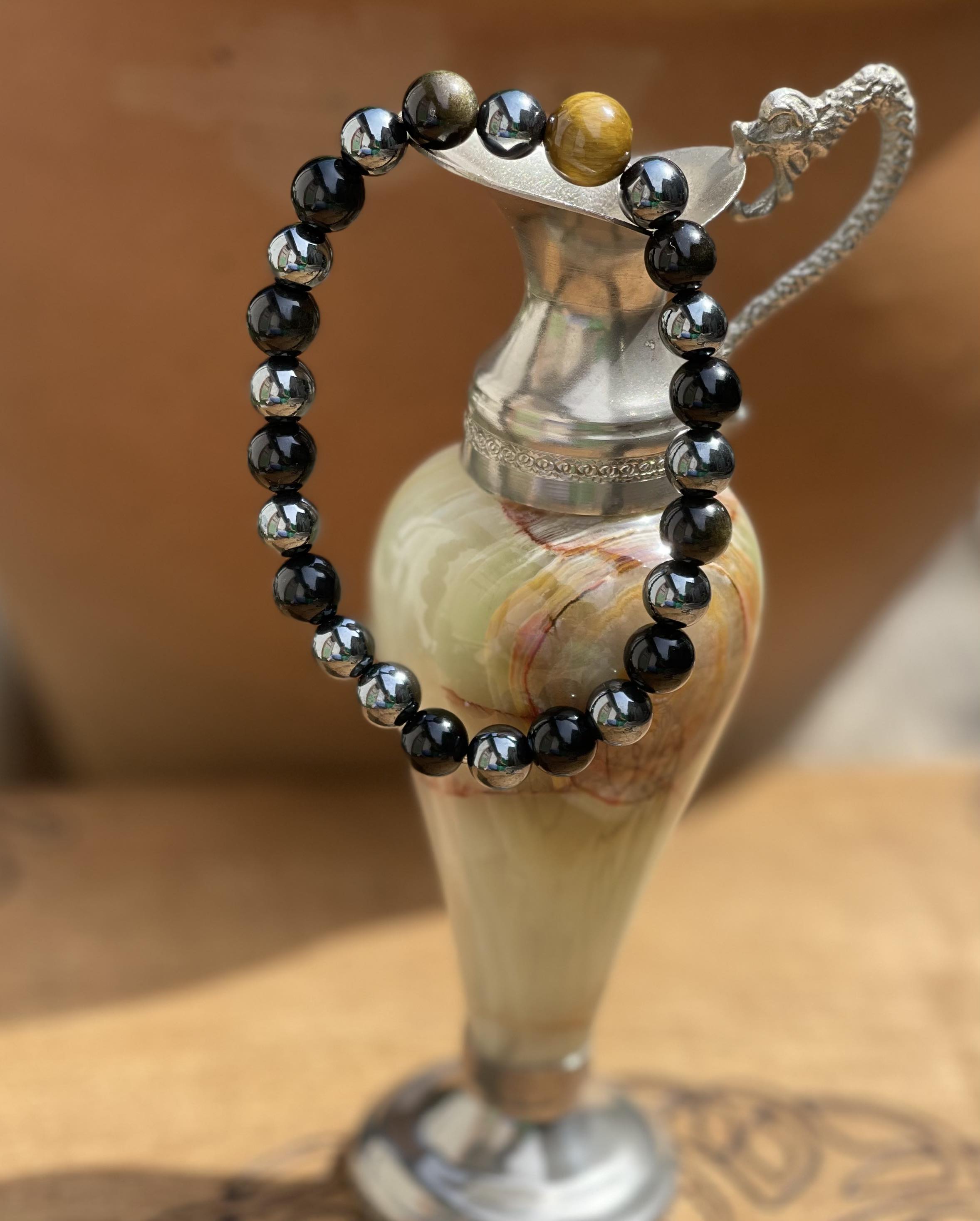 Bracelet énergétique en pierres naturelles Obsidienne dorée, Hématite et oeil de tigre