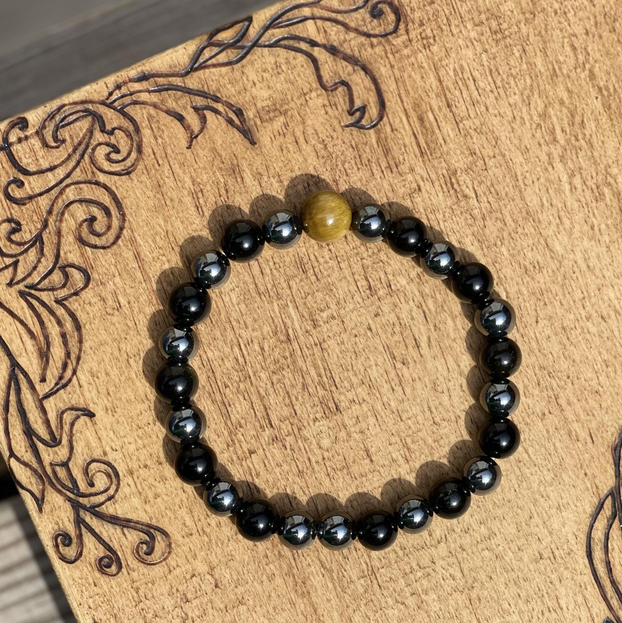 Bracelet énergétique en pierres naturelles Obsidienne dorée, Hématite et oeil de tigre