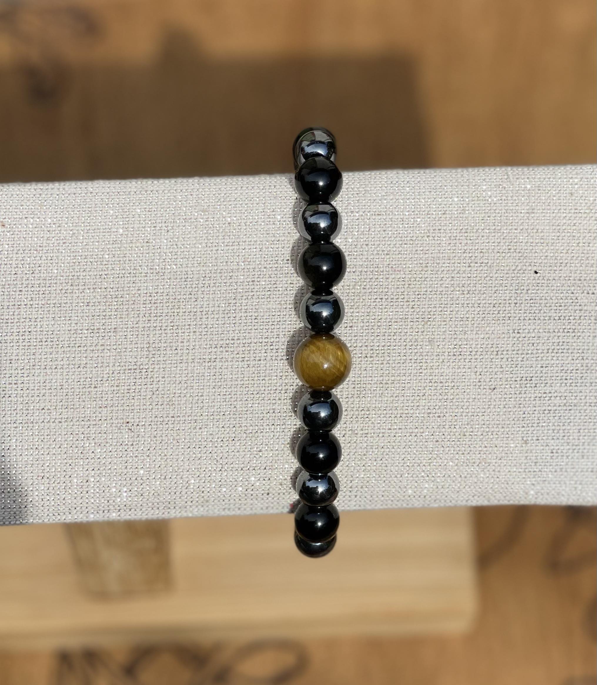 Bracelet énergétique en pierres naturelles Obsidienne dorée, Hématite et oeil de tigre