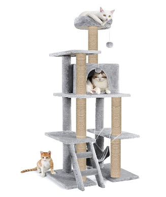 Stairs Fur Fabric Multistory Kitten Cat Tree - Condo | Hammock | Top Perch | Furry Balls | Scratching Posts (Grey) (Height 60 Inch)