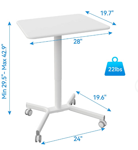 Mobile Standing Desk, 28 inch Height Adjustable Rolling Laptop Desk, Pneumatic Sit Stand Desk with Lockable Wheels, Portable Desk Workstation for Home Office, White