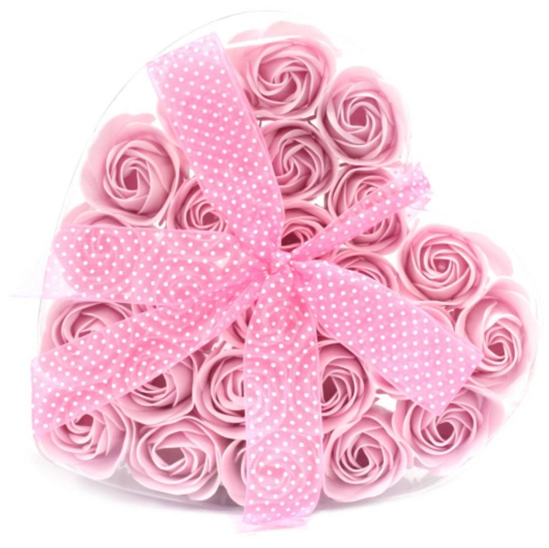 Set of 24 Soap Flower Heart Box - Pink Roses