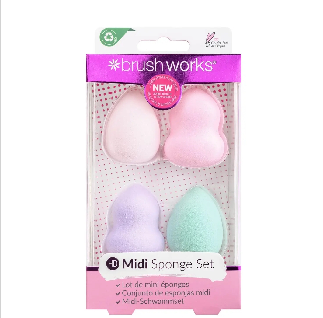 Brushworks HD Midi Sponge Set A four-piece makeup sponge set designed to apply liquid and powder formulations.