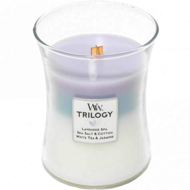 Woodwick Trilogy Calming Retreat Medium Hourglass Jar Candle is a distinctive hourglass-shaped candle