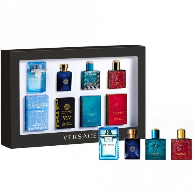 Versace Mens Mini Collection (4 x 5ml) contains four of the most popular men's Versace fragrances - Eros Eau De Toilette, Dylan Blue Eau De Toilette, Eau Fraiche Eau De Toilette and Eros Flame Eau De Parfum.