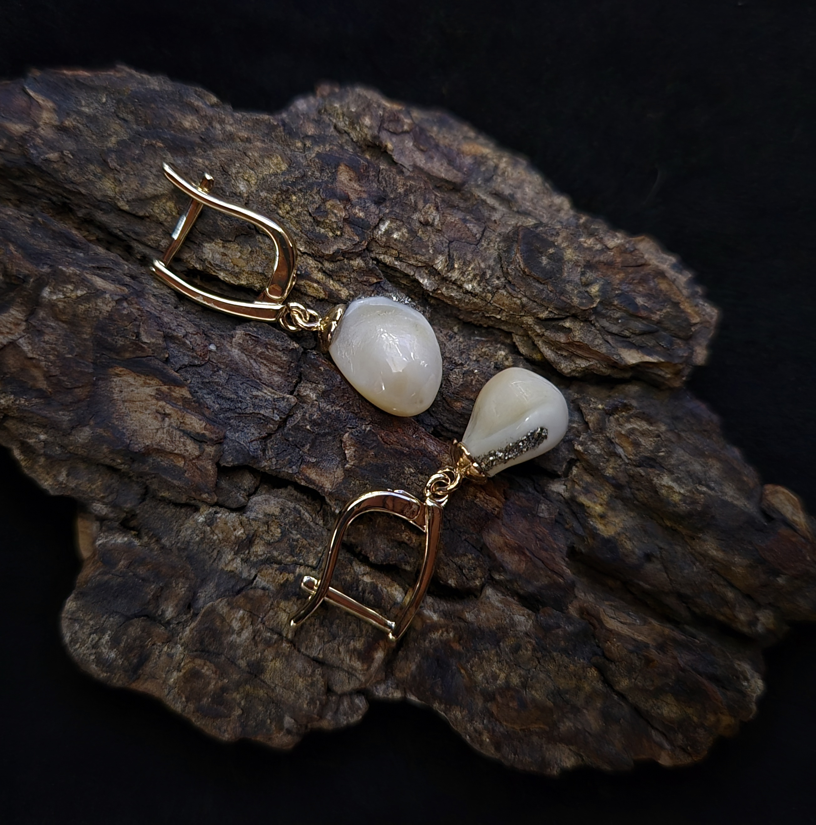 Auskarai iš tauriojo elnio dantų - ,,perlų" / Earrings of red deer teeth - ,,pearls"