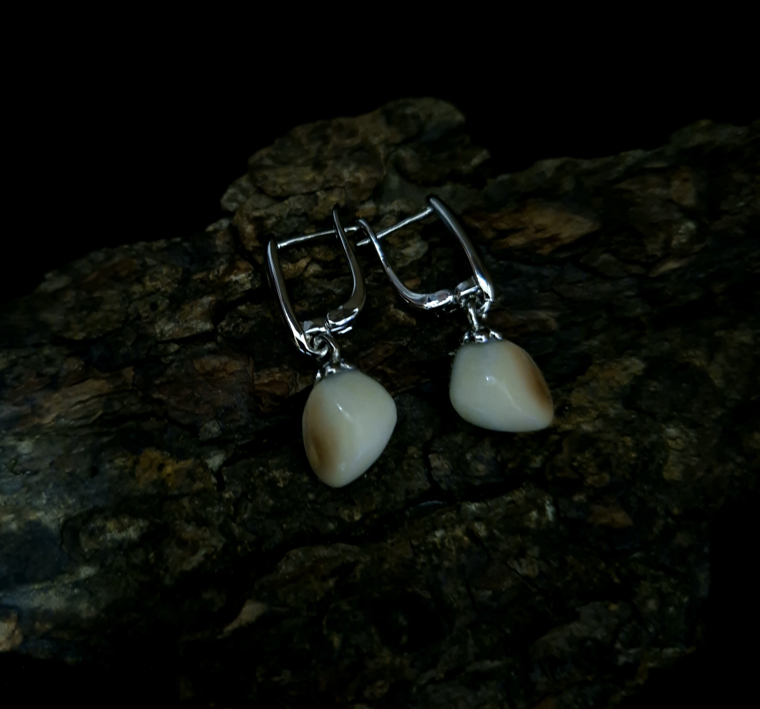Auskarai iš tauriojo elnio dantų - ,,perlų" / Earrings of red deer teeth - ,,pearls"