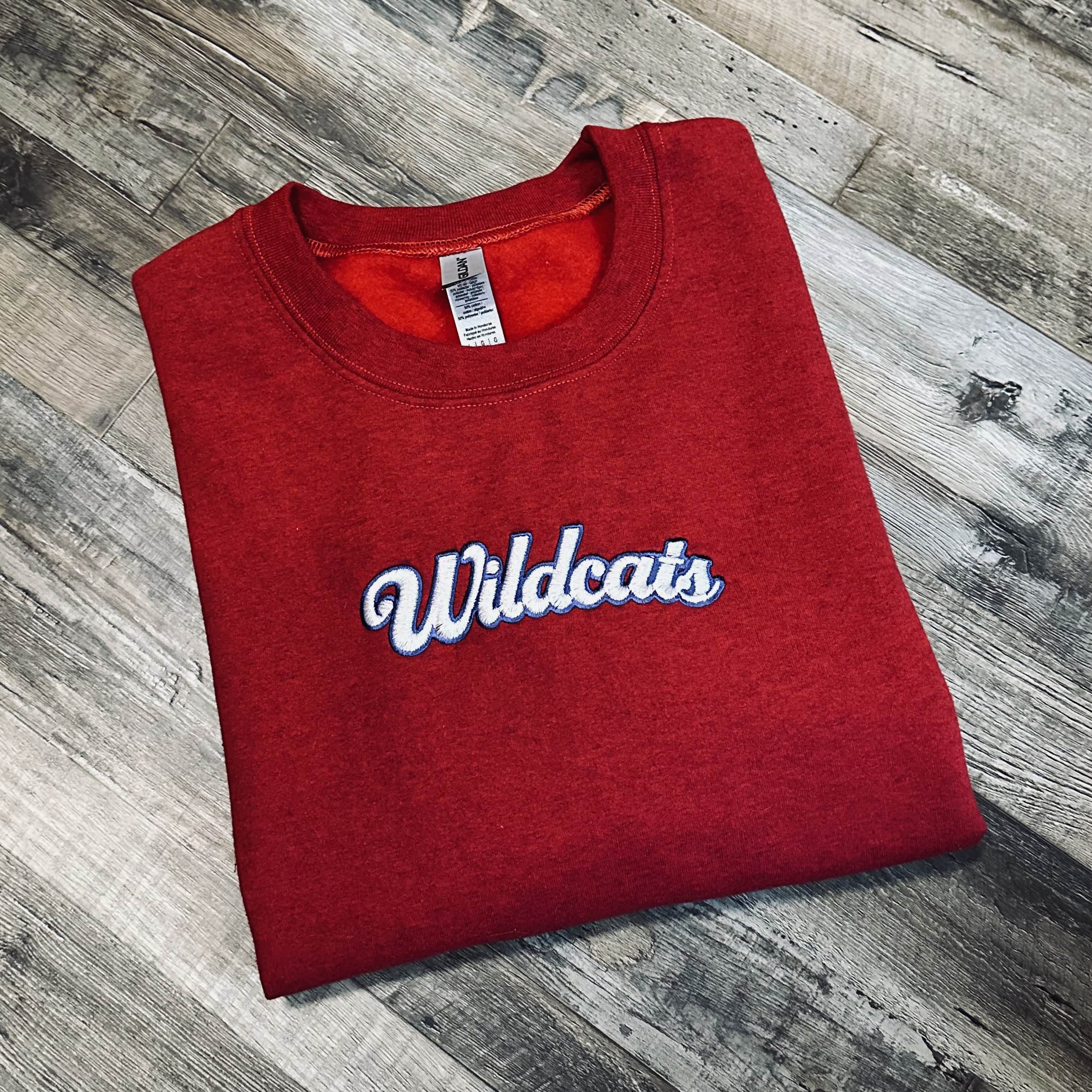 Wildcats 2-color Script on Antique Cherry Red