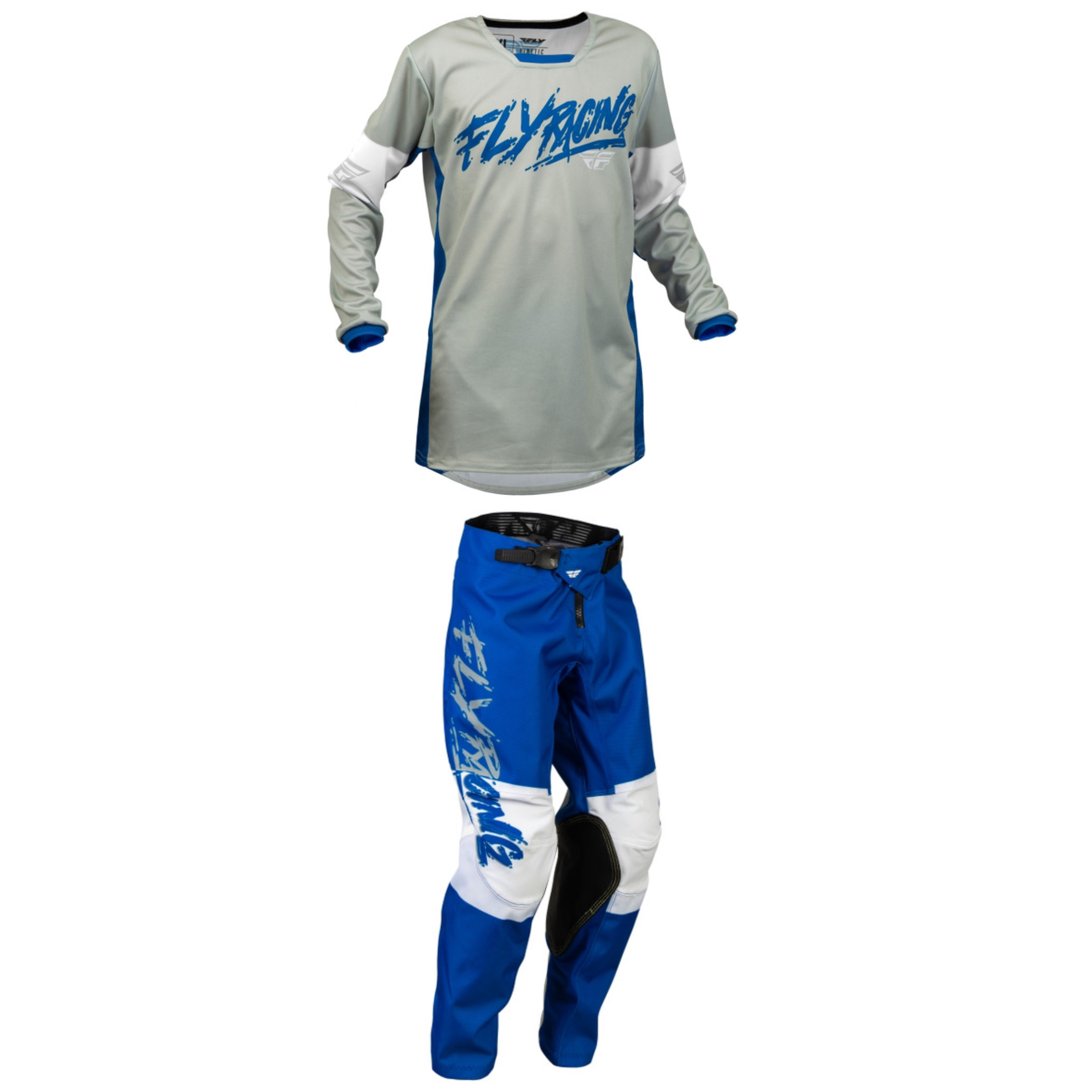 Fly Racing 2023 Kinetic Khaos Youth Full Kit (Light Grey/Blue/White)
