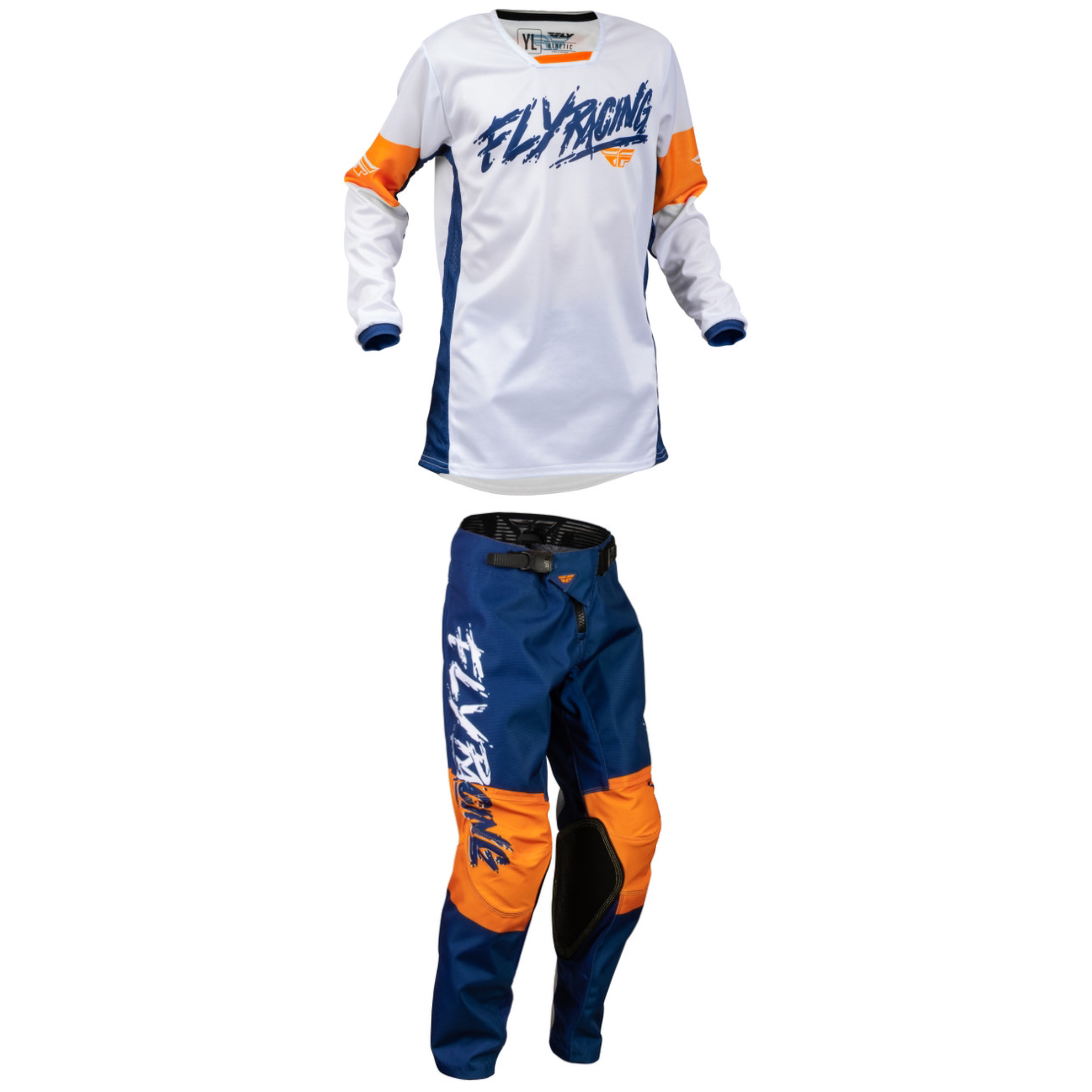 Fly Racing 2023 Kinetic Khaos Youth Full Kit (White/Navy/Orange)
