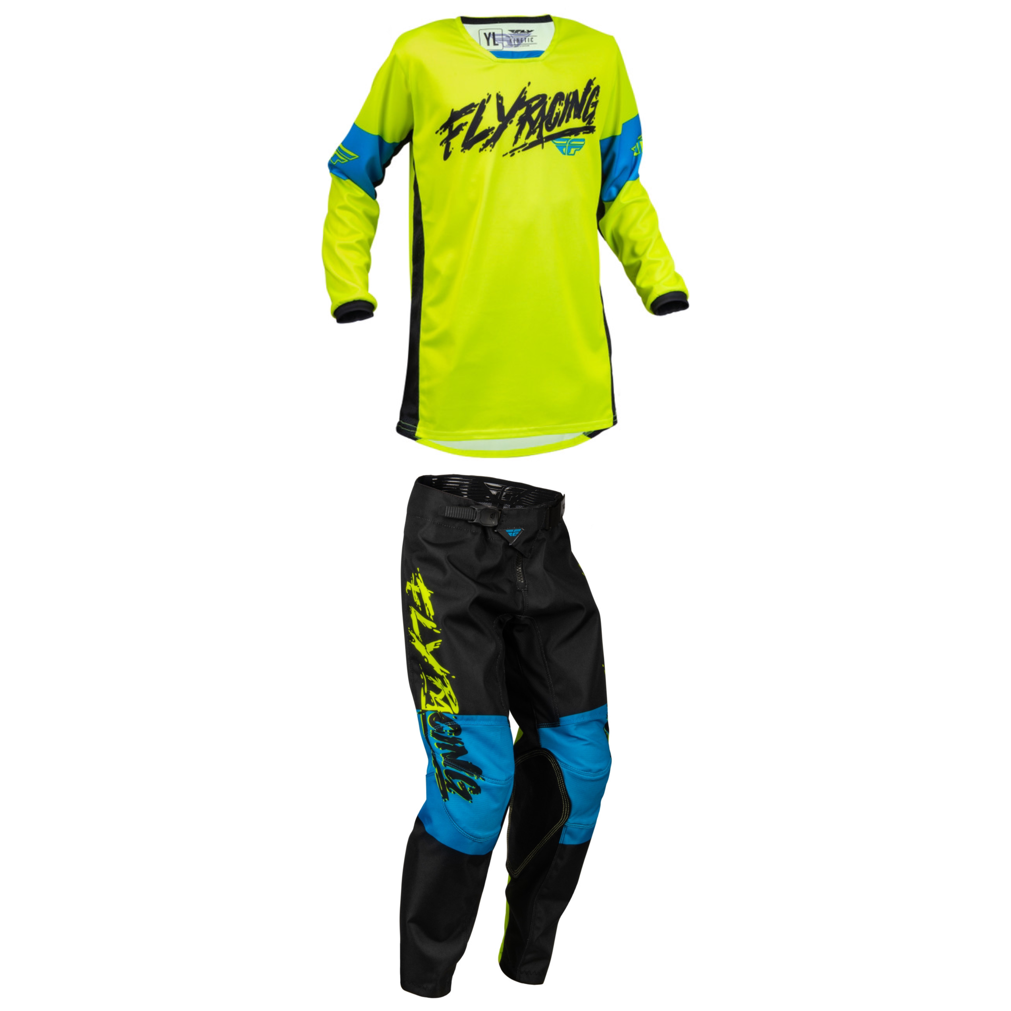 Fly Racing 2023 Kinetic Khaos Youth Full Kit (Hivis/Black/Cyan)