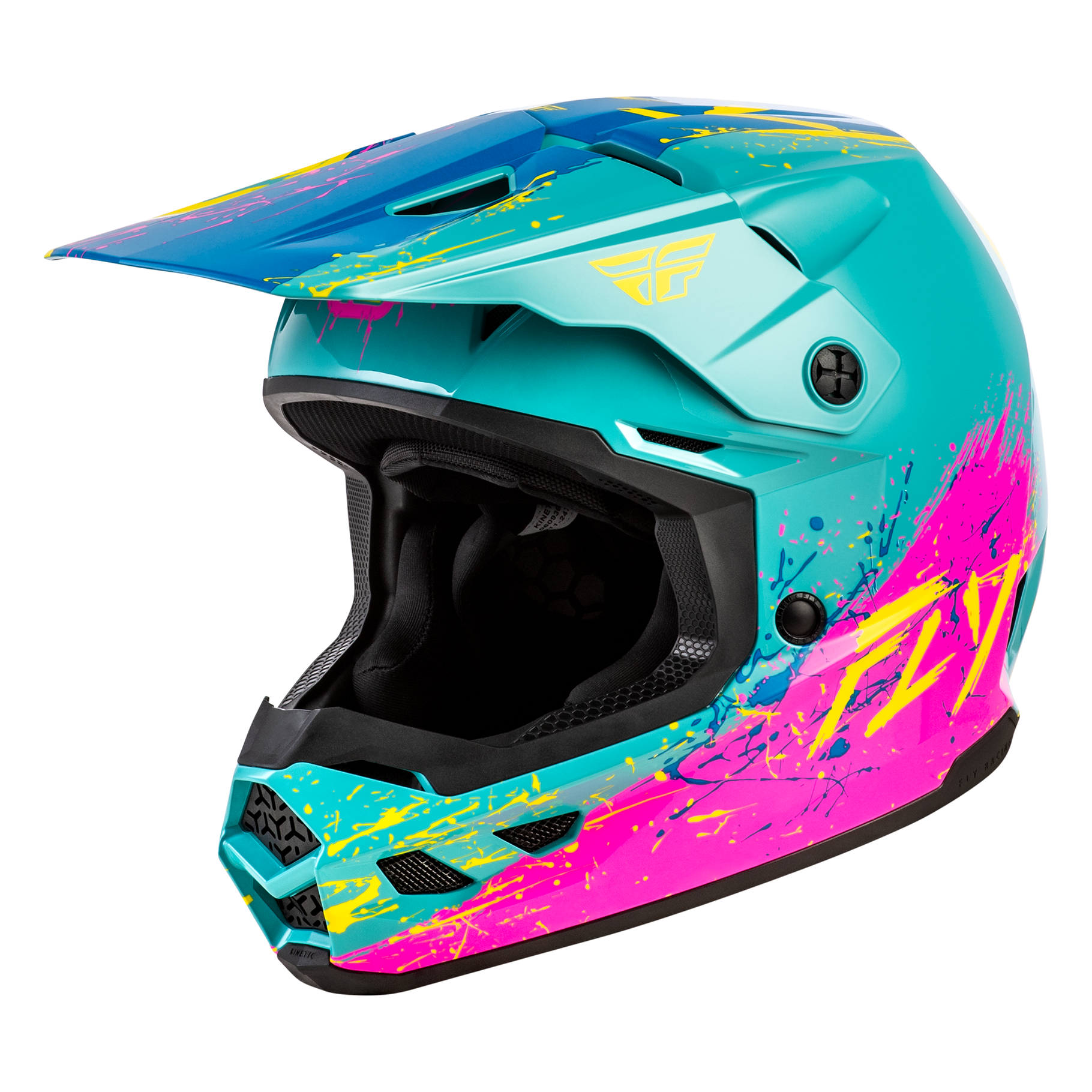 FLY Racing 2026 Kinetic Drip Youth Helmet (Turquoise/Pink/Yellow)