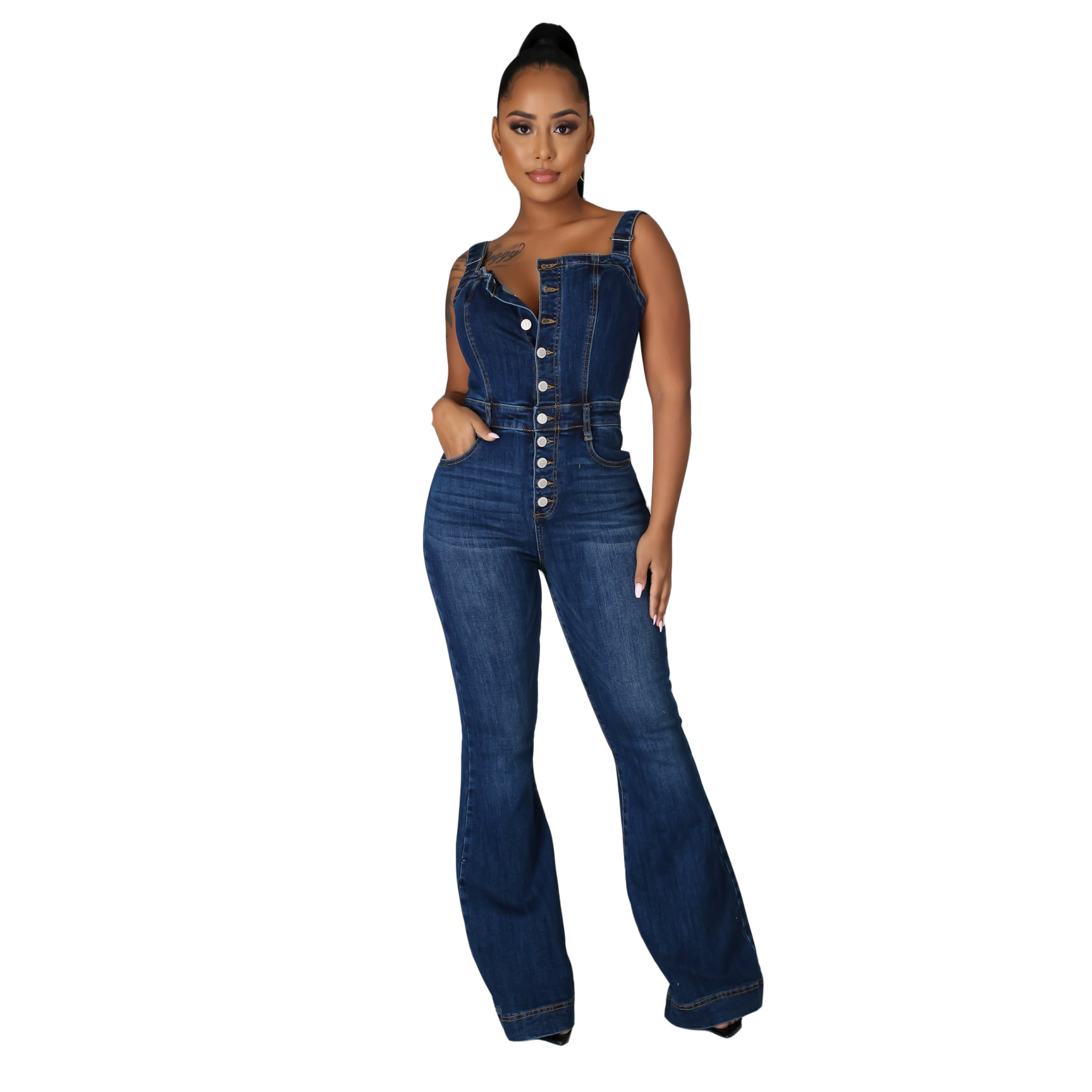 DENIM JUMPSUIT (SLEEVELESS - WIDE STRAP)