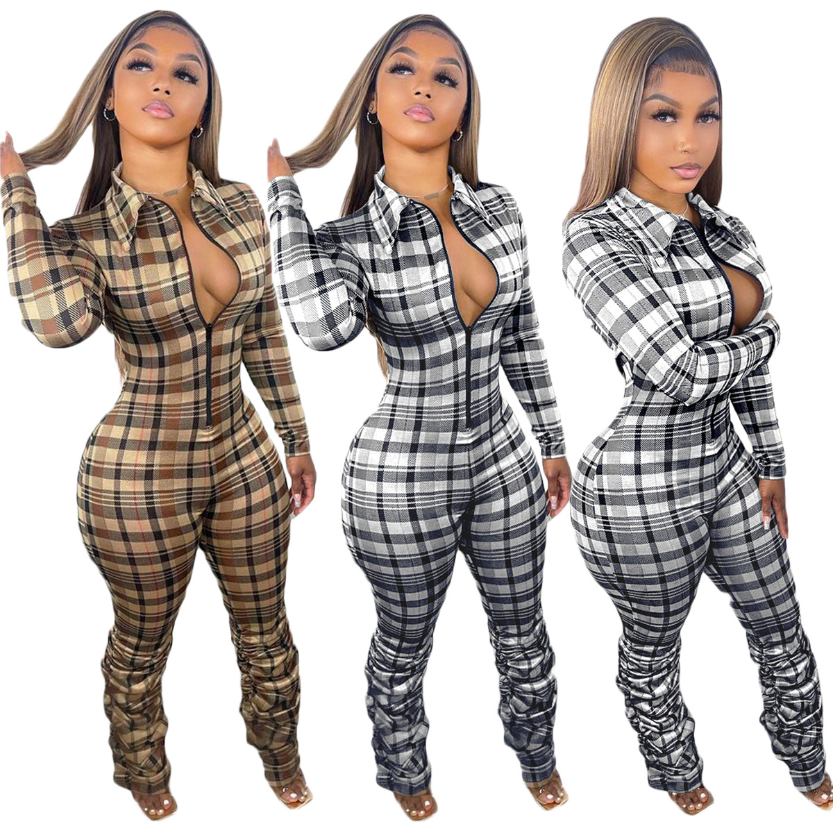 PLAID BODYCON JUMPSUIT