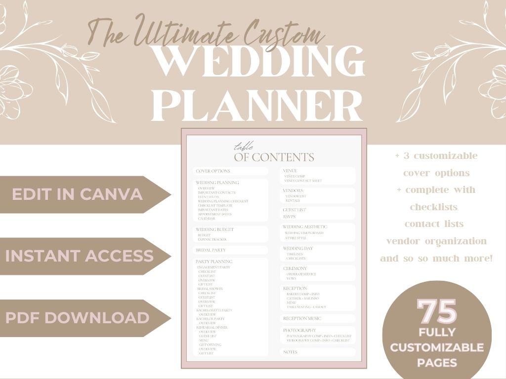 The Ultimate Custom Wedding planner - A4 size Instant Download, US Letter/A4 Canva Template