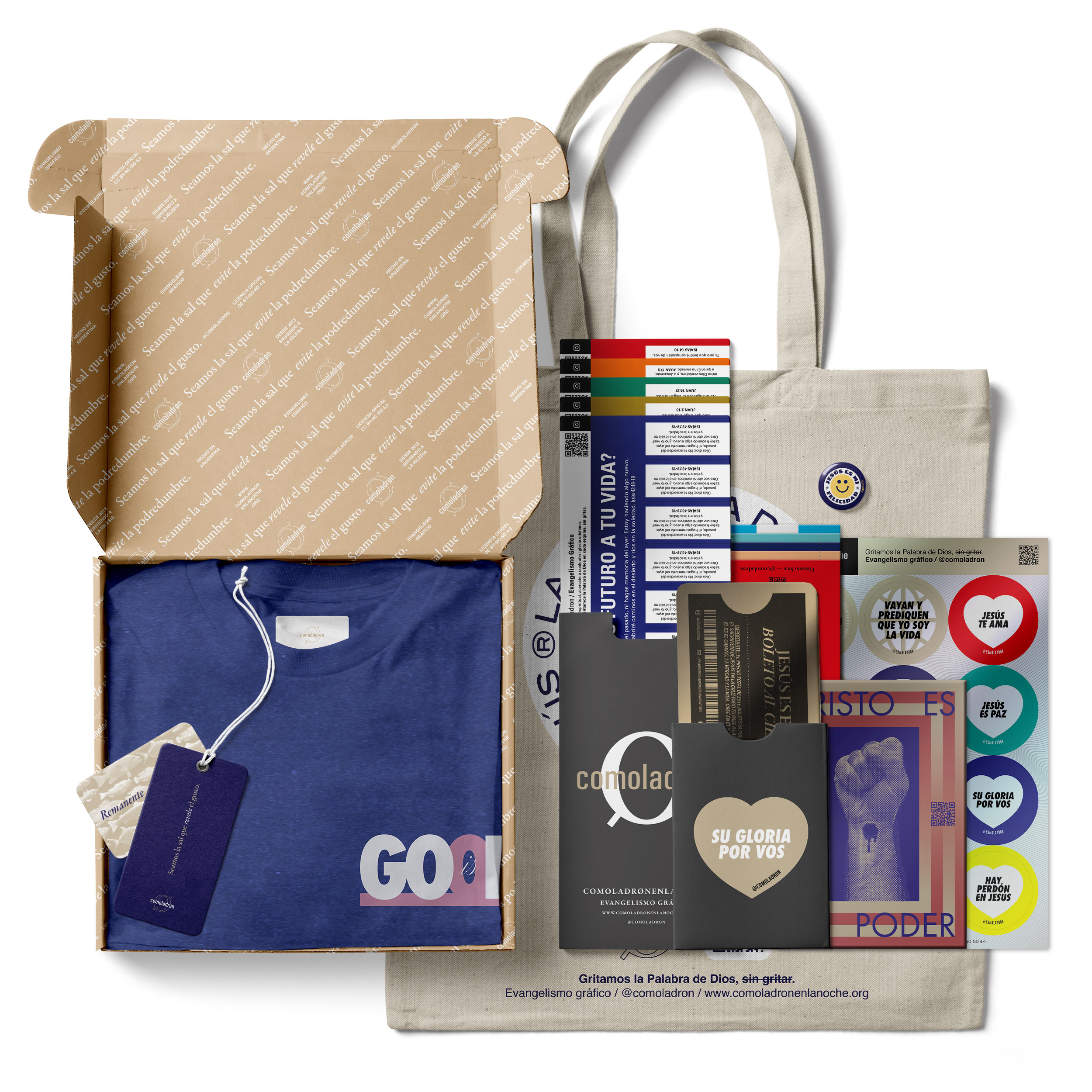 Remera "God is good" + Set completo de material de evangelismo
