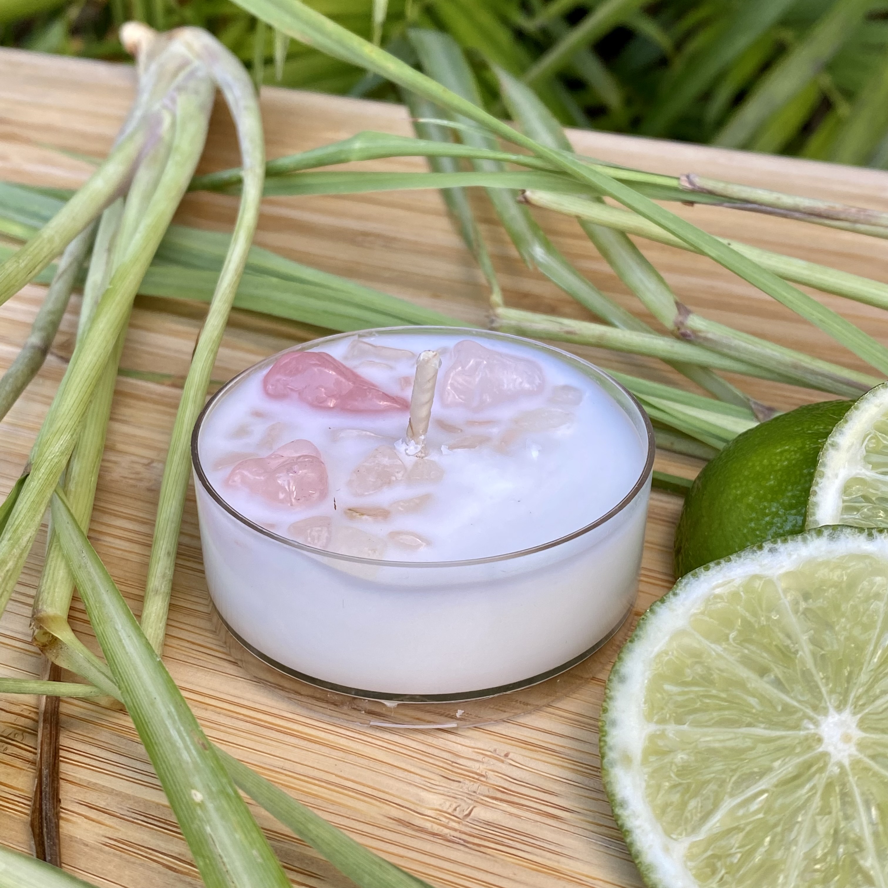Lemongrass and Persian Lime Coconut Soy Rose Quartz Maxi Tealight Candle