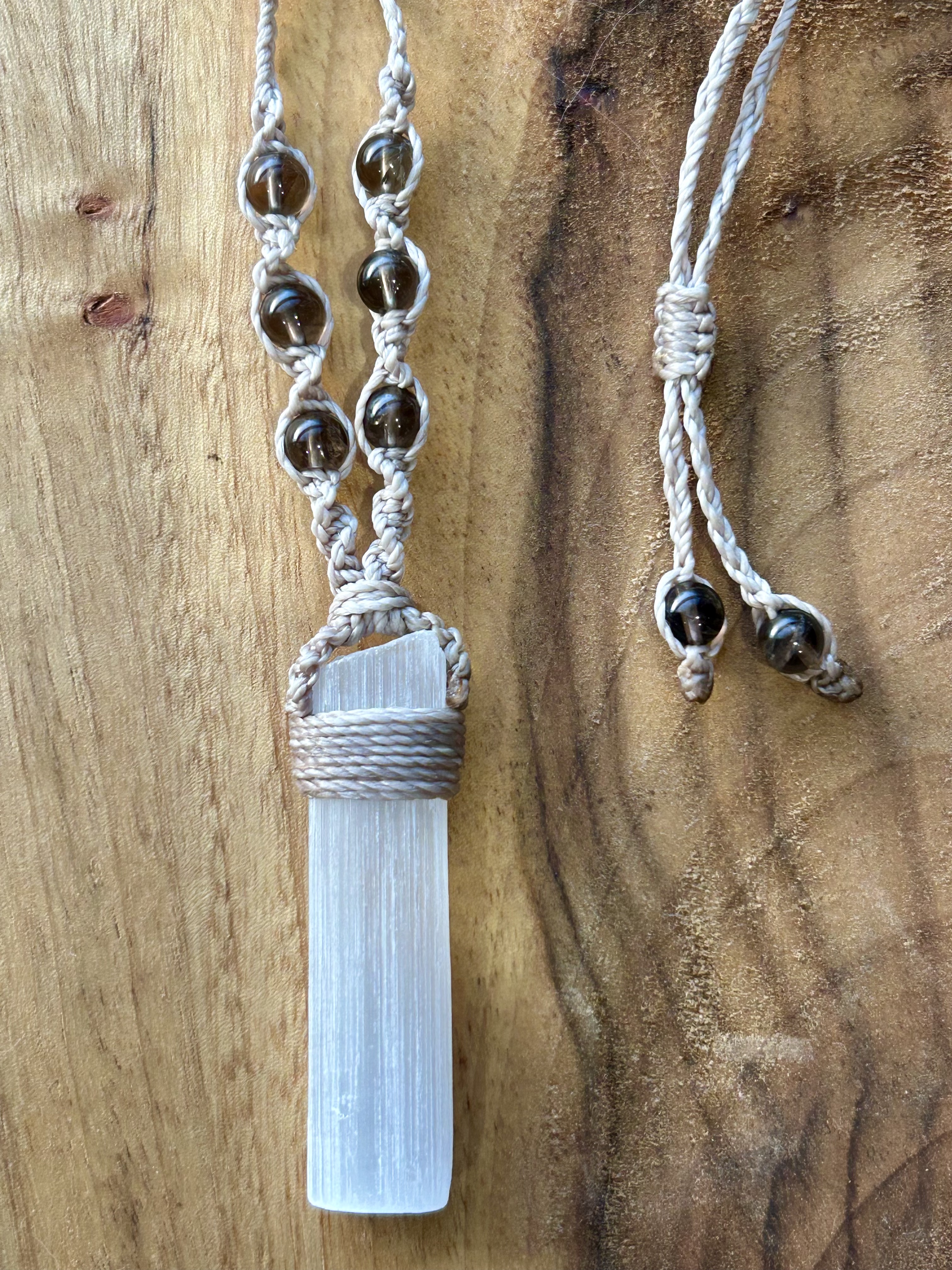 Selenite Necklace with Smokey Quartz