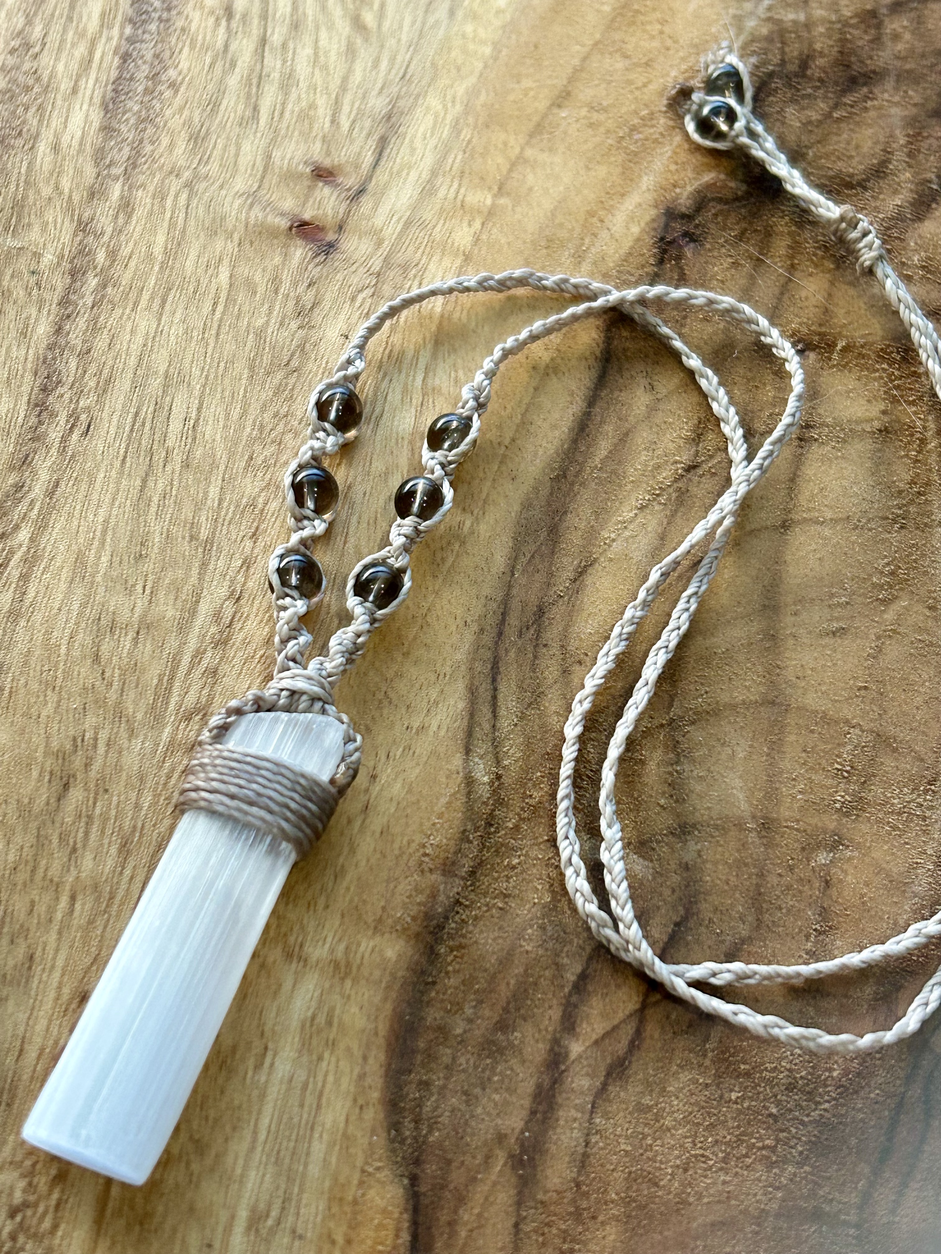 Selenite Necklace with Smokey Quartz