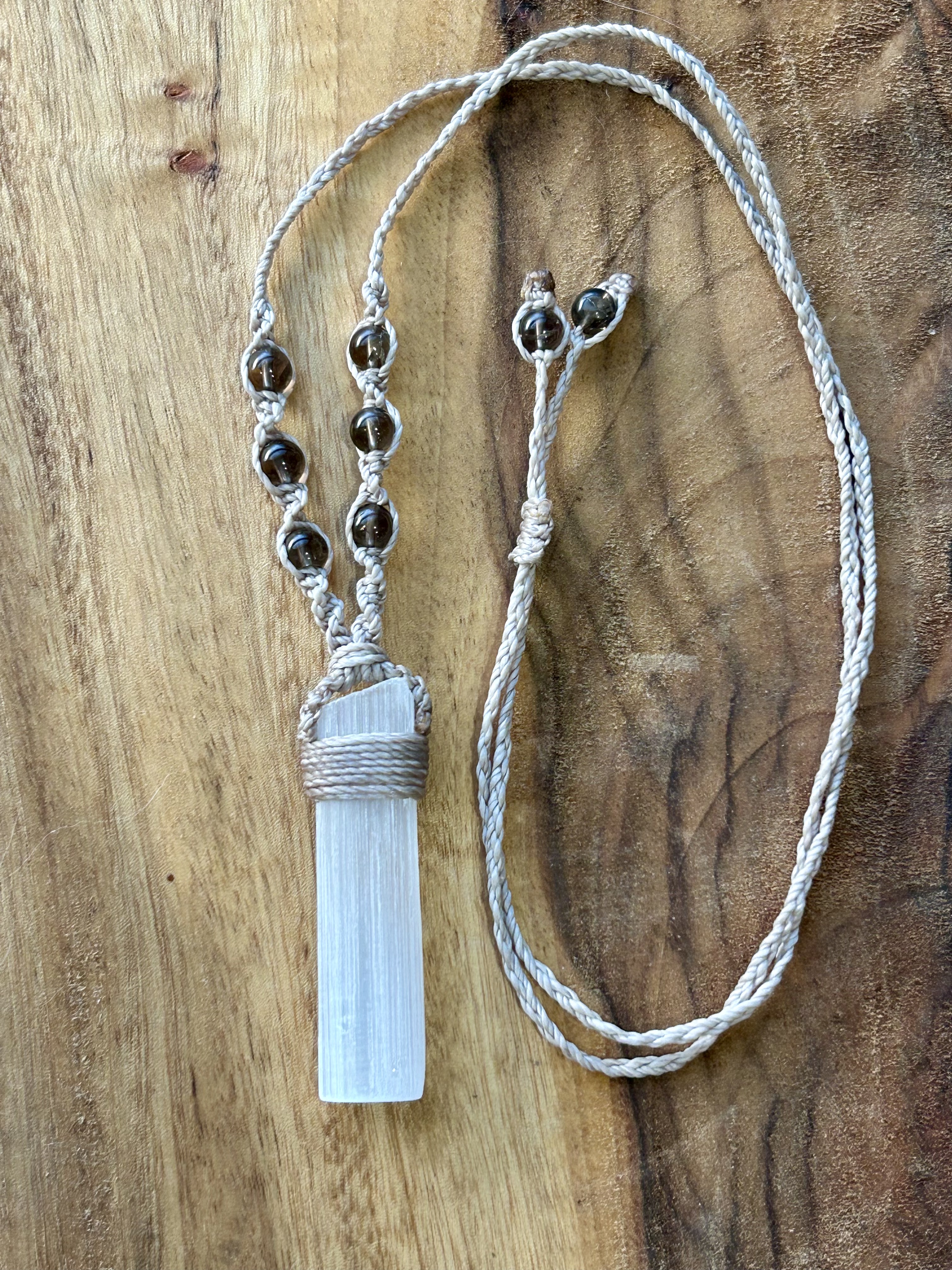 Selenite Necklace with Smokey Quartz