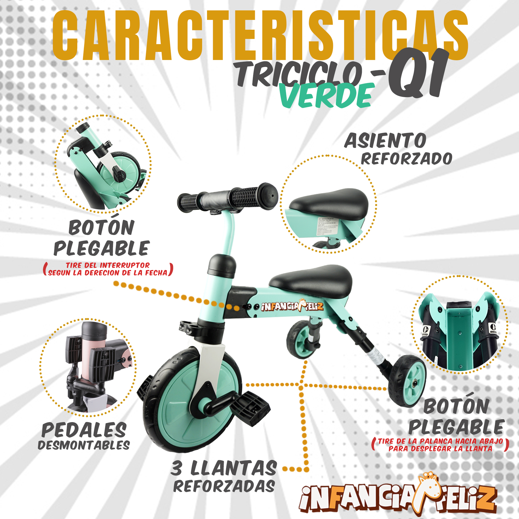 iNFANCiA FELiZ QI Triciclo Transformable, Triciclo Entrenadora con o sin Pedales y Carro de Equilibrio Ideal para niños y niñas de 1 a 4 años Practico, Ligero y portátil.