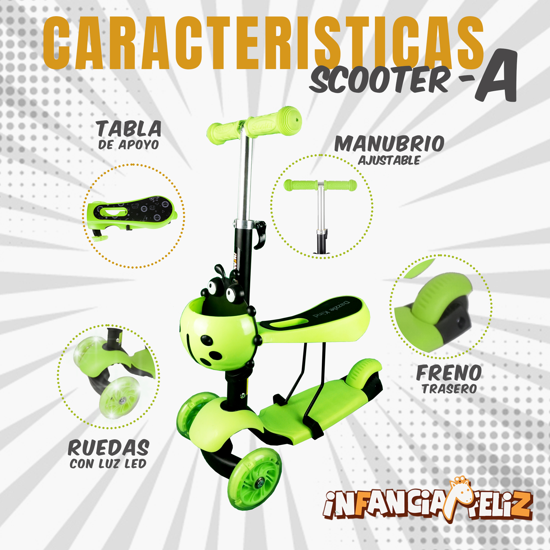 iNFANCiA FELiZ Scooter Ladybug, (Catarina), con Asiento Desmontable, Ruedas con Luz LED para Niños de 2 a 8 años