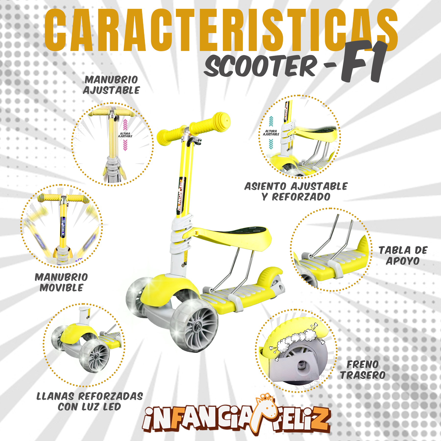 iNFANCiA FELiZ F1 Scooter con asiento desmontable a 3 niveles de altura, juguete para niños y niñas de 2 a 8 años con manubrio ajustable y ruedas delanteras con Luces LED. scooter que créese con tus hijos 