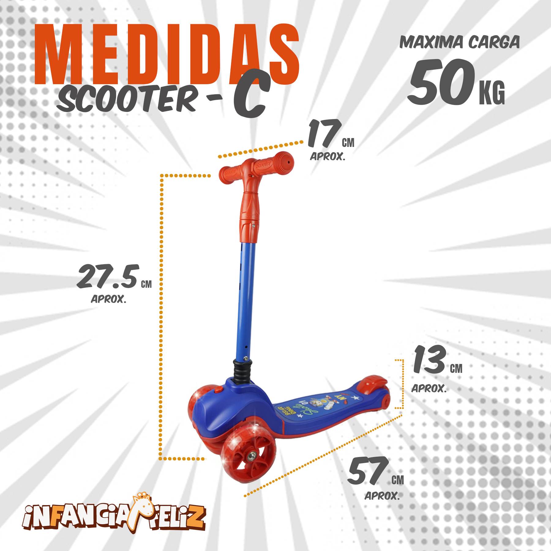 iNFANCiA FELiZ Scooter C Oso Juguete para niños y niñas de 2 a 8 años con manubrio Ajustable y Ruedas Delanteras con Luces LED. Excelente Regalo, monopatín, patín del Diablo