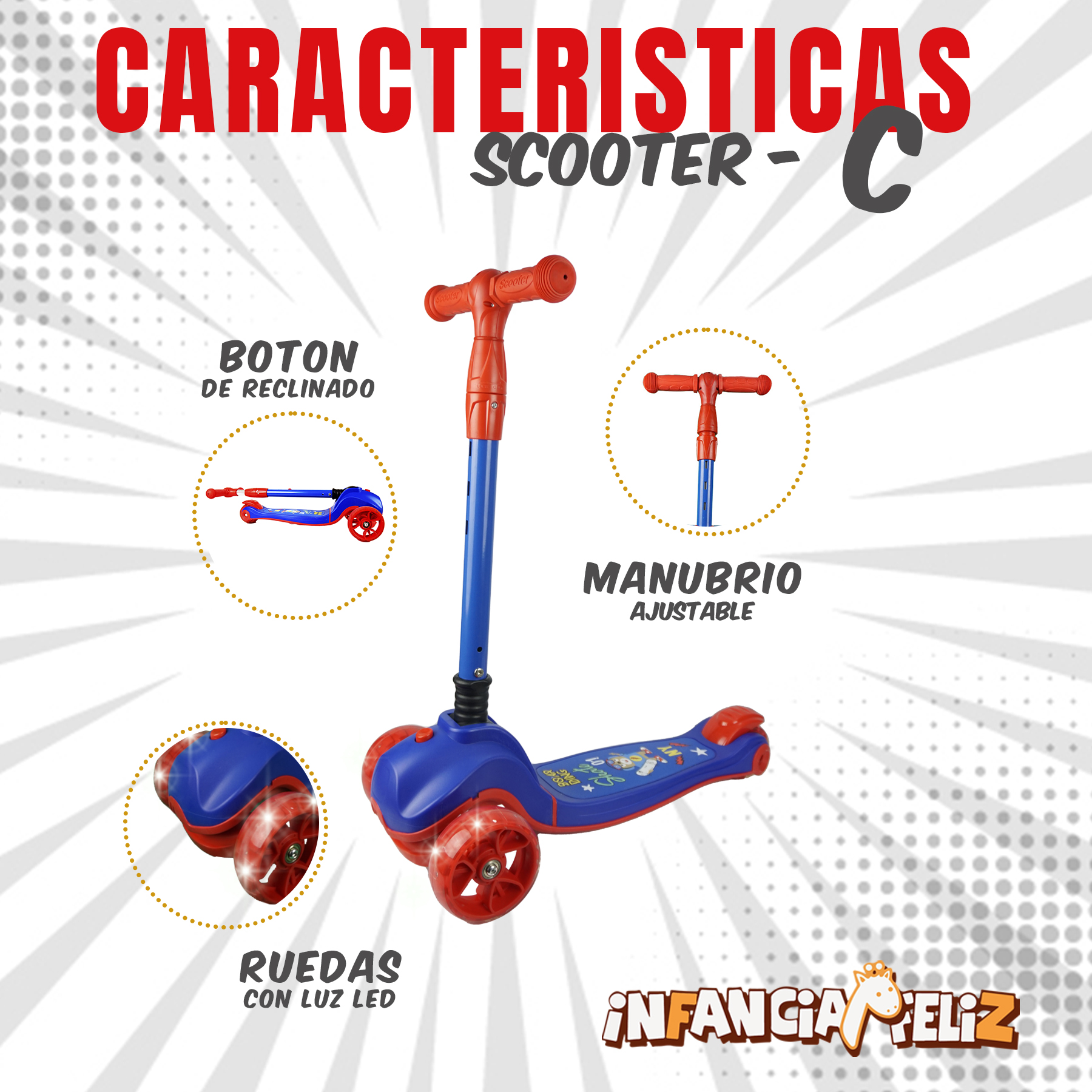 iNFANCiA FELiZ Scooter C Oso Juguete para niños y niñas de 2 a 8 años con manubrio Ajustable y Ruedas Delanteras con Luces LED. Excelente Regalo, monopatín, patín del Diablo