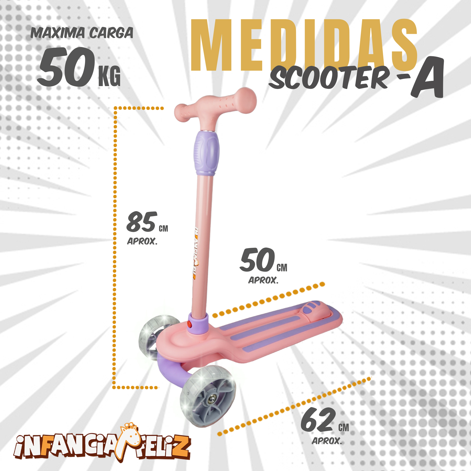 iNFANCiA FELiZ Scooter A Futurista, Juguete para niños y niñas de 3 a 10 años con manubrio Ajustable y Ruedas Delanteras con Luces LED. Excelente Regalo, monopatín, patín del Diablo