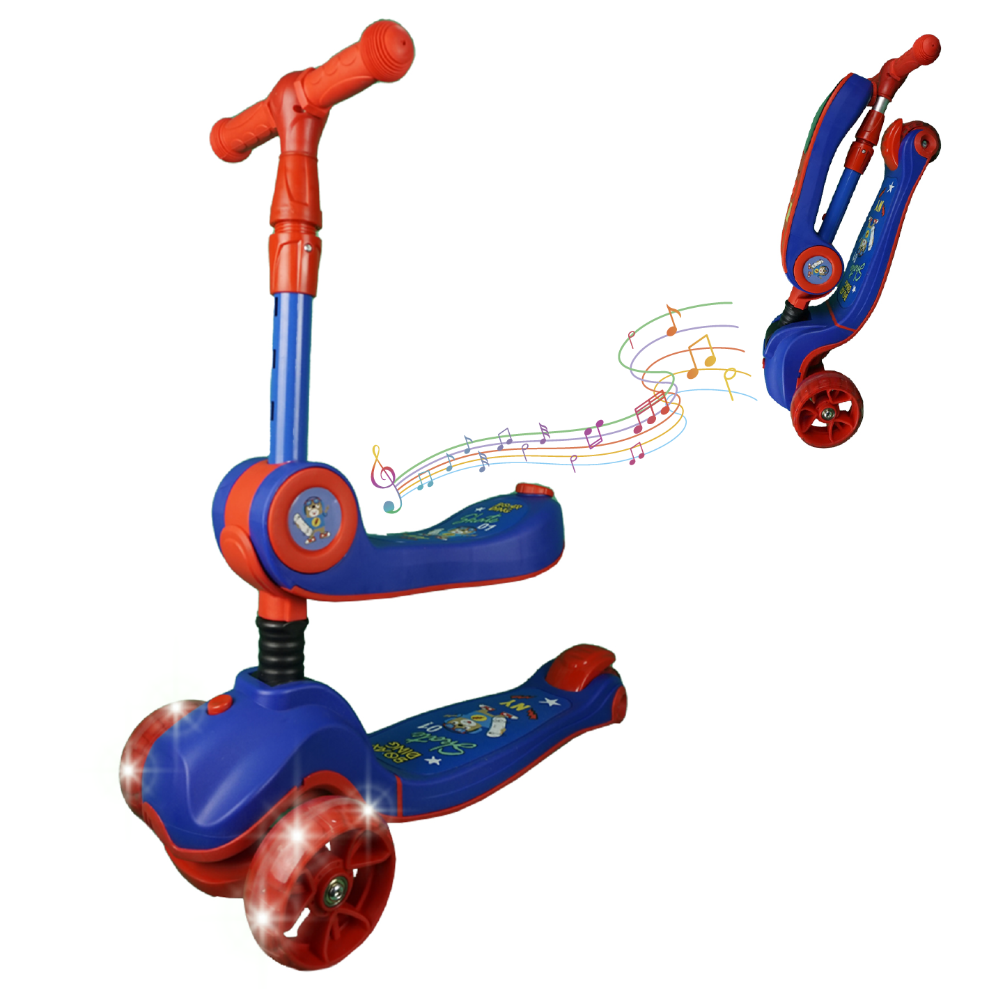 iNFANCiA FELiZ Scooter Oso Musical patín del Diablo, Juguete para niños 2 a 7 años con manubrio Ajustable y Ruedas Delanteras con Luces LED y Sonidos Musicales, Cuenta con un Asiento Flexible.