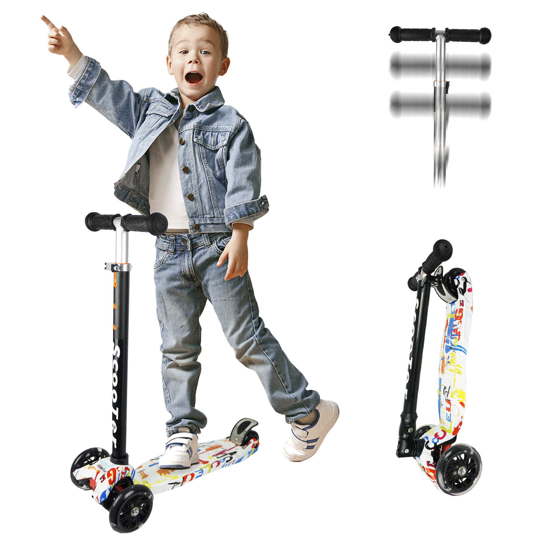 iNFANCiA FELiZ :) EX Scooter con manubrio reclinable, patín del Diablo, patineta, monopatin Ajustable con Luces LED en Las Ruedas, Regalo Ideal para jóvenes y niños de 5 a 13 años.