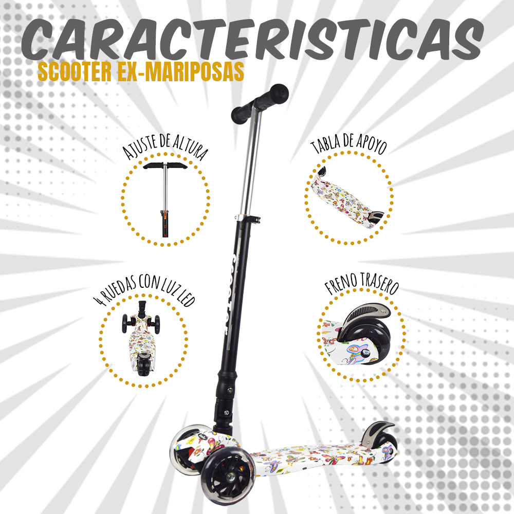 iNFANCiA FELiZ :) EX Scooter con manubrio reclinable, patín del Diablo, patineta, monopatin Ajustable con Luces LED en Las Ruedas, Regalo Ideal para jóvenes y niños de 5 a 13 años.