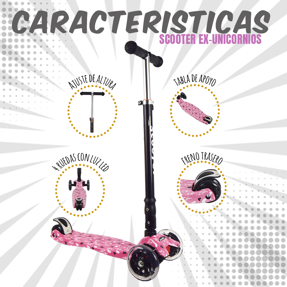 iNFANCiA FELiZ :) EX Scooter con manubrio reclinable, patín del Diablo, patineta, monopatin Ajustable con Luces LED en Las Ruedas, Regalo Ideal para jóvenes y niños de 5 a 13 años.