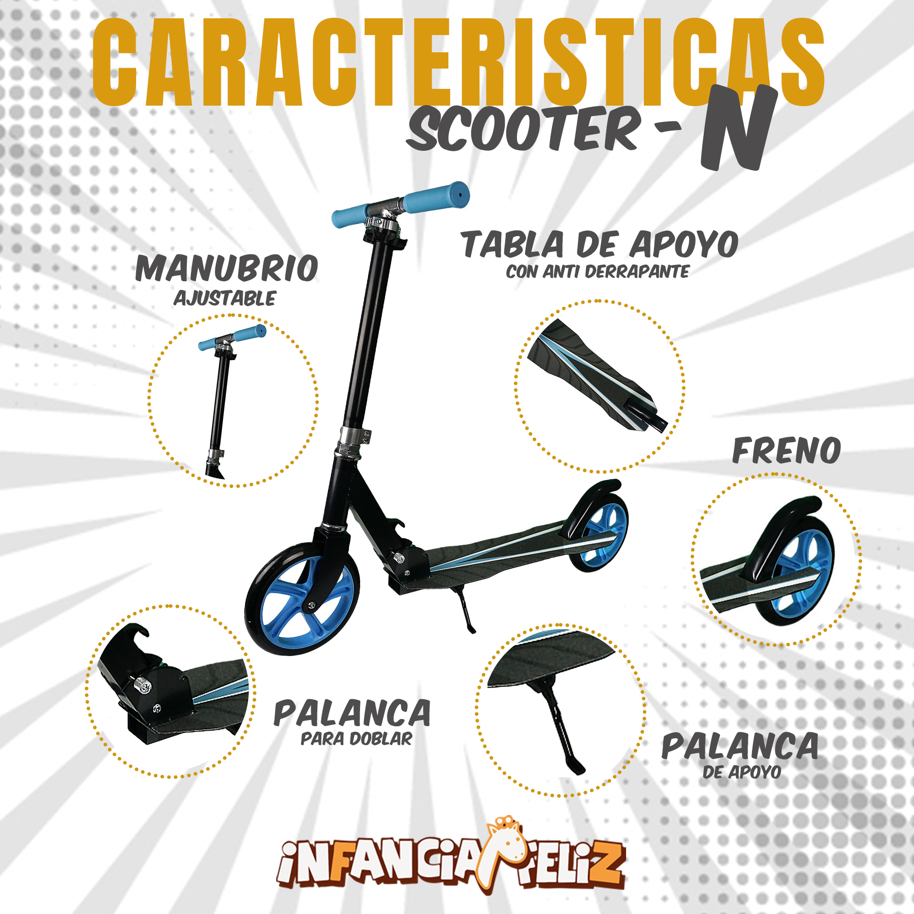 iNFANCiA FELiZ Scooter Patinete Plegable Ideal para Transportar en la Ciudad, monopatín, patín del Diablo, para Adolescentes y Adultos. soporta 100kg, Acero Reforzado