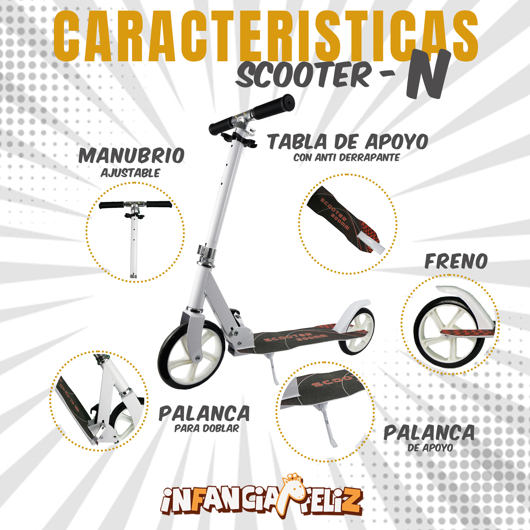 iNFANCiA FELiZ Scooter Patinete Plegable Ideal para Transportar en la Ciudad, monopatín, patín del Diablo, para Adolescentes y Adultos. soporta 100kg, Acero Reforzado