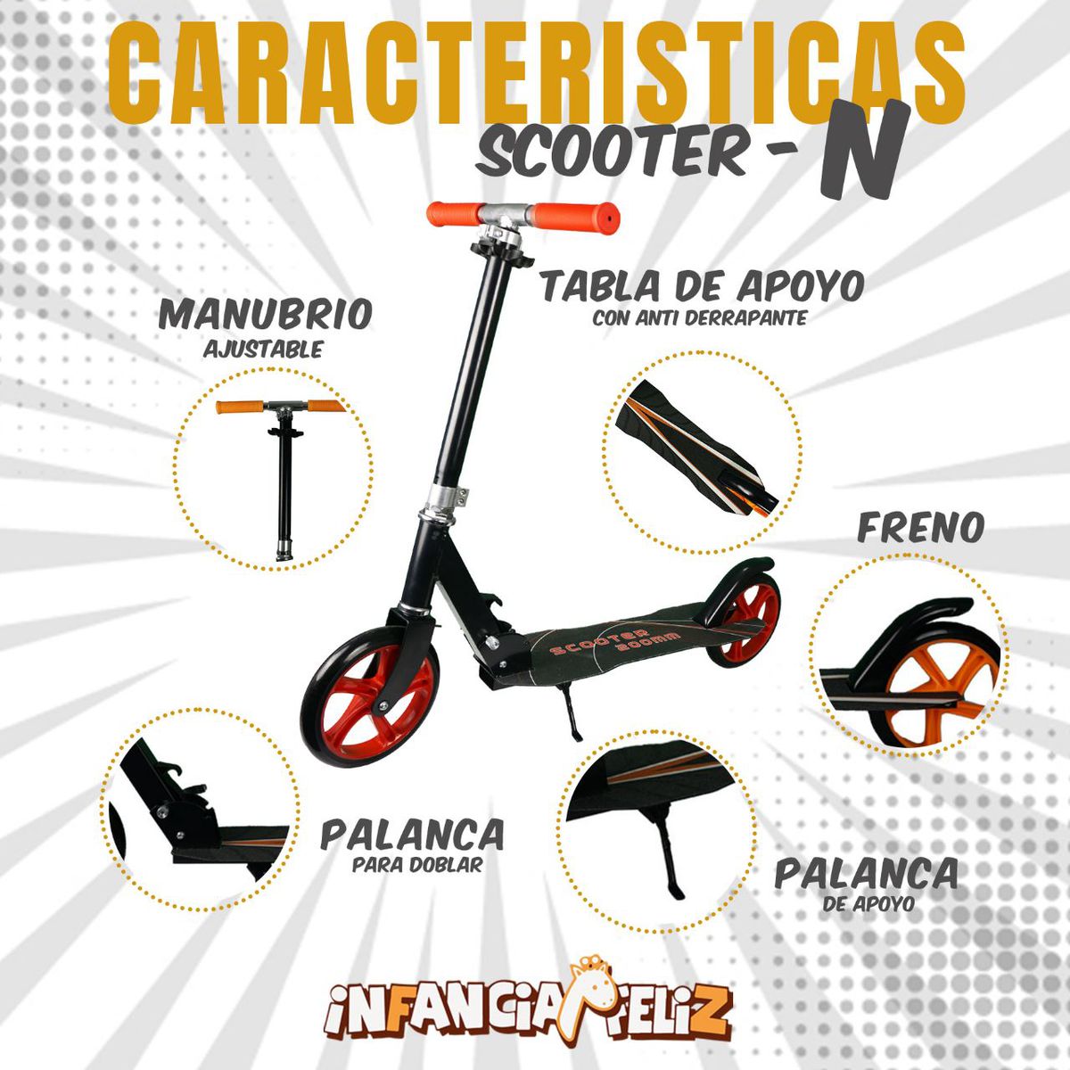 iNFANCiA FELiZ Scooter Patinete Plegable Ideal para Transportar en la Ciudad, monopatín, patín del Diablo, para Adolescentes y Adultos. soporta 100kg, Acero Reforzado