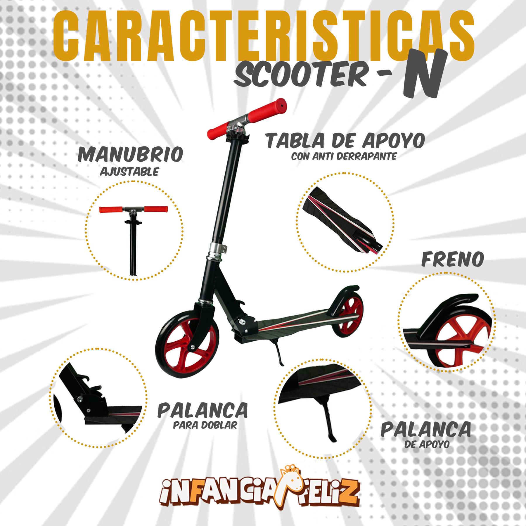 iNFANCiA FELiZ Scooter Patinete Plegable Ideal para Transportar en la Ciudad, monopatín, patín del Diablo, para Adolescentes y Adultos. soporta 100kg, Acero Reforzado