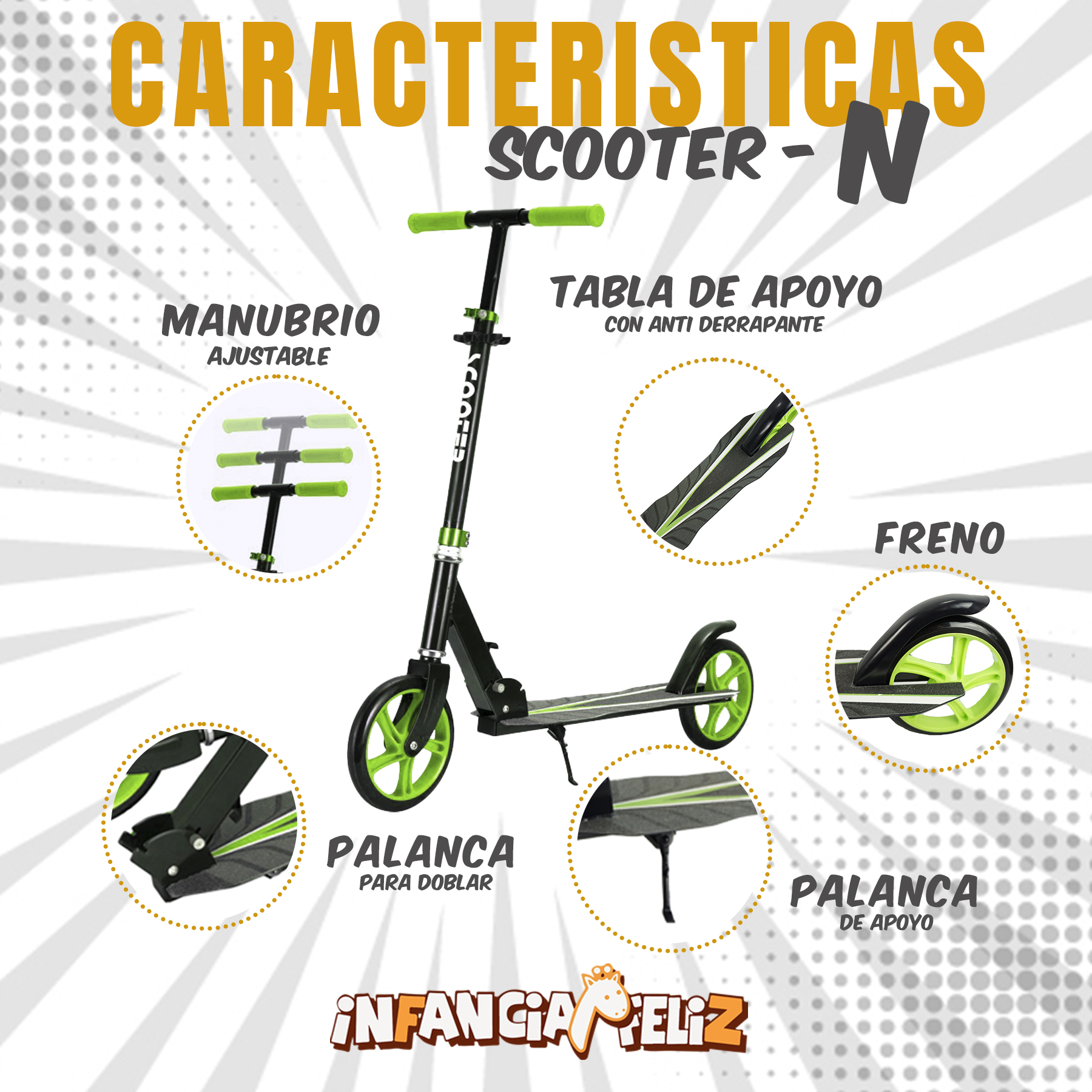 iNFANCiA FELiZ Scooter Patinete Plegable Ideal para Transportar en la Ciudad, monopatín, patín del Diablo, para Adolescentes y Adultos. soporta 100kg, Acero Reforzado
