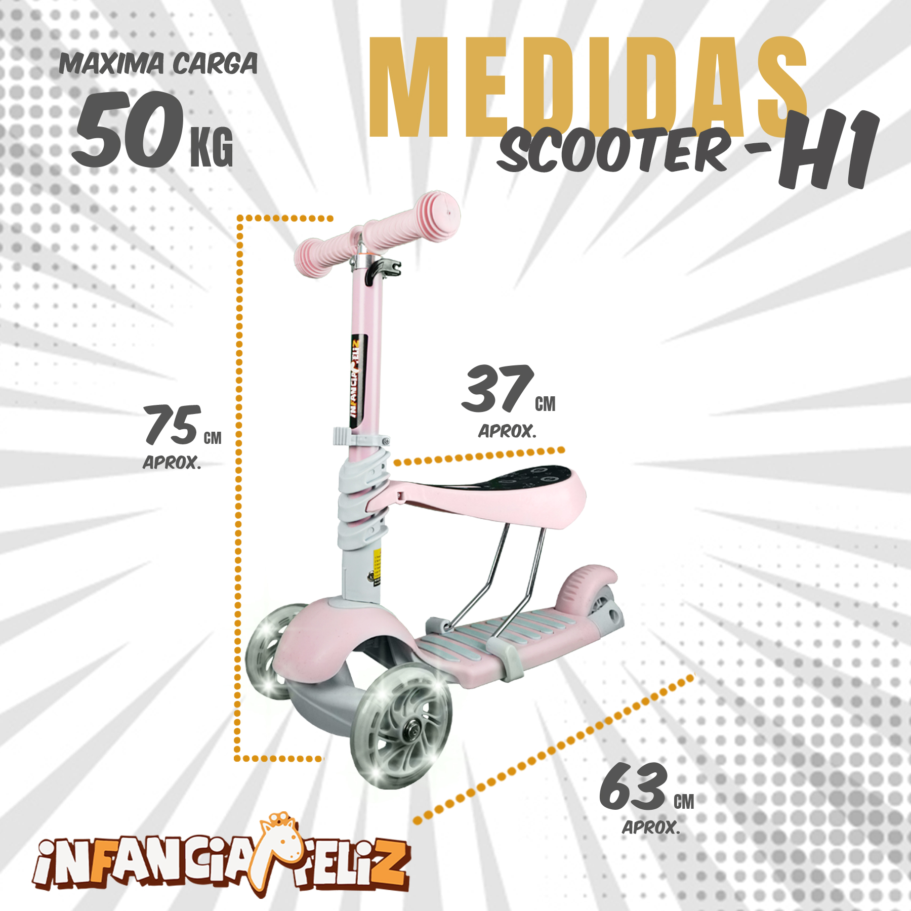 iNFANCiA FELiZ H1 Scooter con asiento desmontable a 3 niveles de altura, juguete para niños y niñas de 2 a 8 años con manubrio ajustable y ruedas delanteras con Luces LED. scooter que créese con tus hijos 