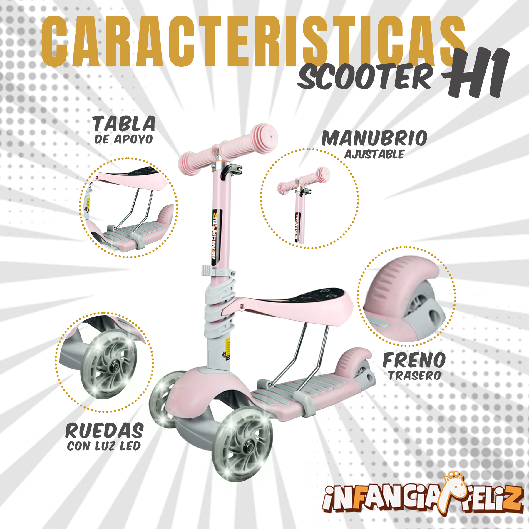 iNFANCiA FELiZ H1 Scooter con asiento desmontable a 3 niveles de altura, juguete para niños y niñas de 2 a 8 años con manubrio ajustable y ruedas delanteras con Luces LED. scooter que créese con tus hijos 